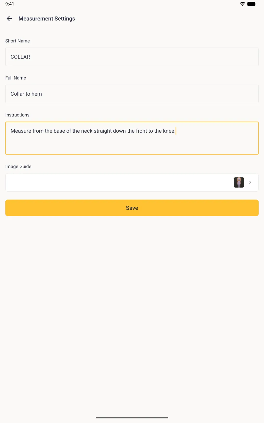 The Measurement Settings page with a small square thumbnail of a woman in lilac activewear at the right end of the Image Guide row, above the gold Save button.
