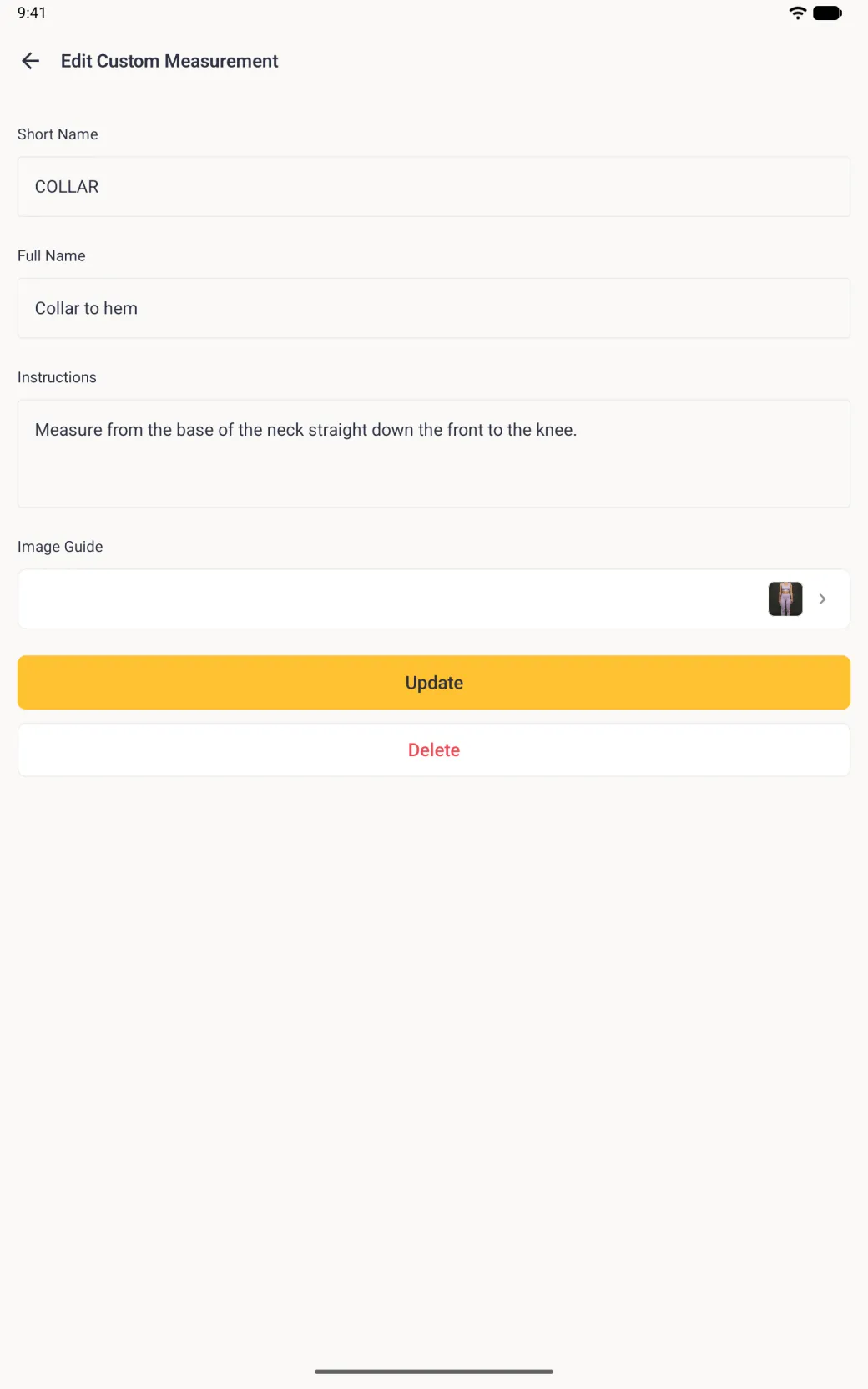 An Edit Custom Measurement page with Short Name COLLAR, Full Name Collar to hem, the instructions, an Image Guide row with a photo thumbnail, a full-width gold Update button and a white Delete button with red text beneath it.