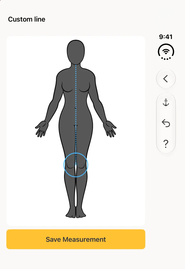 The Custom line drawing step on the closed Duo: the charcoal figure with a blue dotted line running from the base of the neck straight down the front of the body to the knee, a yellow Save Measurement button below, and Back plus an anchor, undo and question mark group in the vertical bar strip on the right.