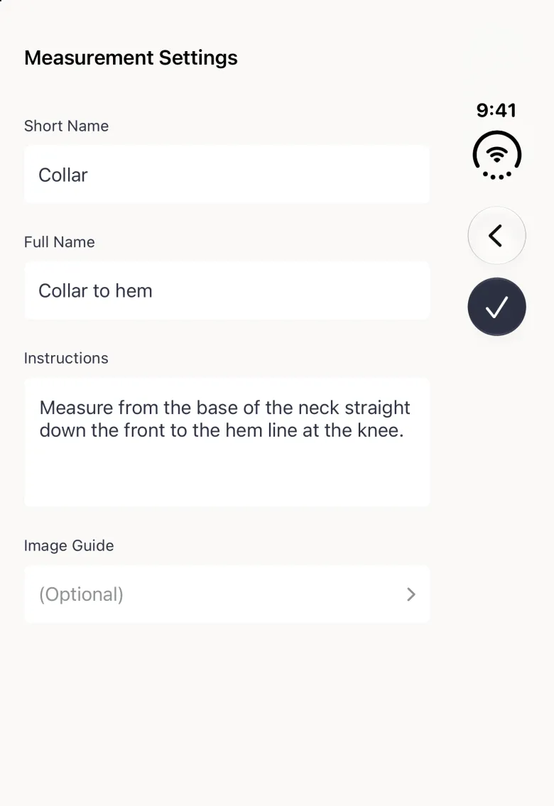 A Measurement Settings form filling the closed Duo, with Short Name Collar, Full Name Collar to hem, the instructions Measure from the base of the neck straight down the front to the hem line at the knee, and an empty optional Image Guide row; a Back button and a navy checkmark are stacked in the vertical bar strip on the right.