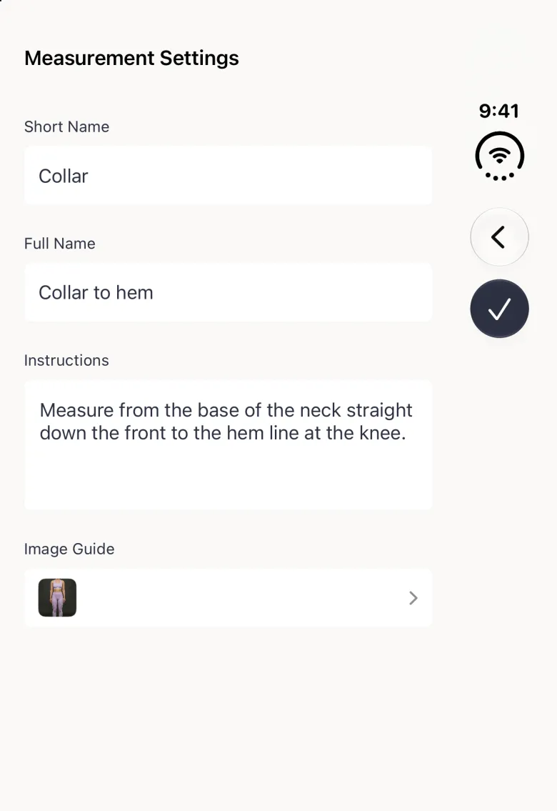 The Measurement Settings form on the closed Duo with a small photo thumbnail now filling the Image Guide row, under the names and instructions, and the navy checkmark in the vertical bar strip on the right.