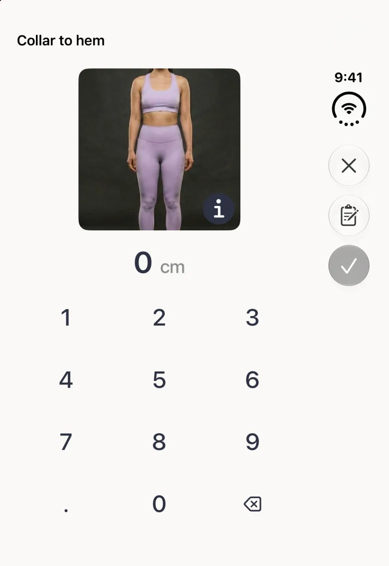 An entry screen titled Collar to hem on the closed Duo, showing a reference photo with a round information button, the value 0 cm and the number pad below; the vertical bar strip on the right holds a close button, an edit button and a grey checkmark stacked top to bottom.