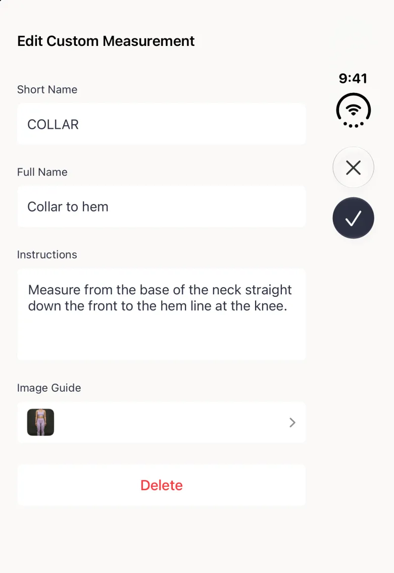An Edit Custom Measurement form filling the closed Duo, with the short name COLLAR, the full name Collar to hem, the instructions, an image guide thumbnail and a red Delete button underneath; a close button and a navy checkmark sit in the vertical bar strip on the right.