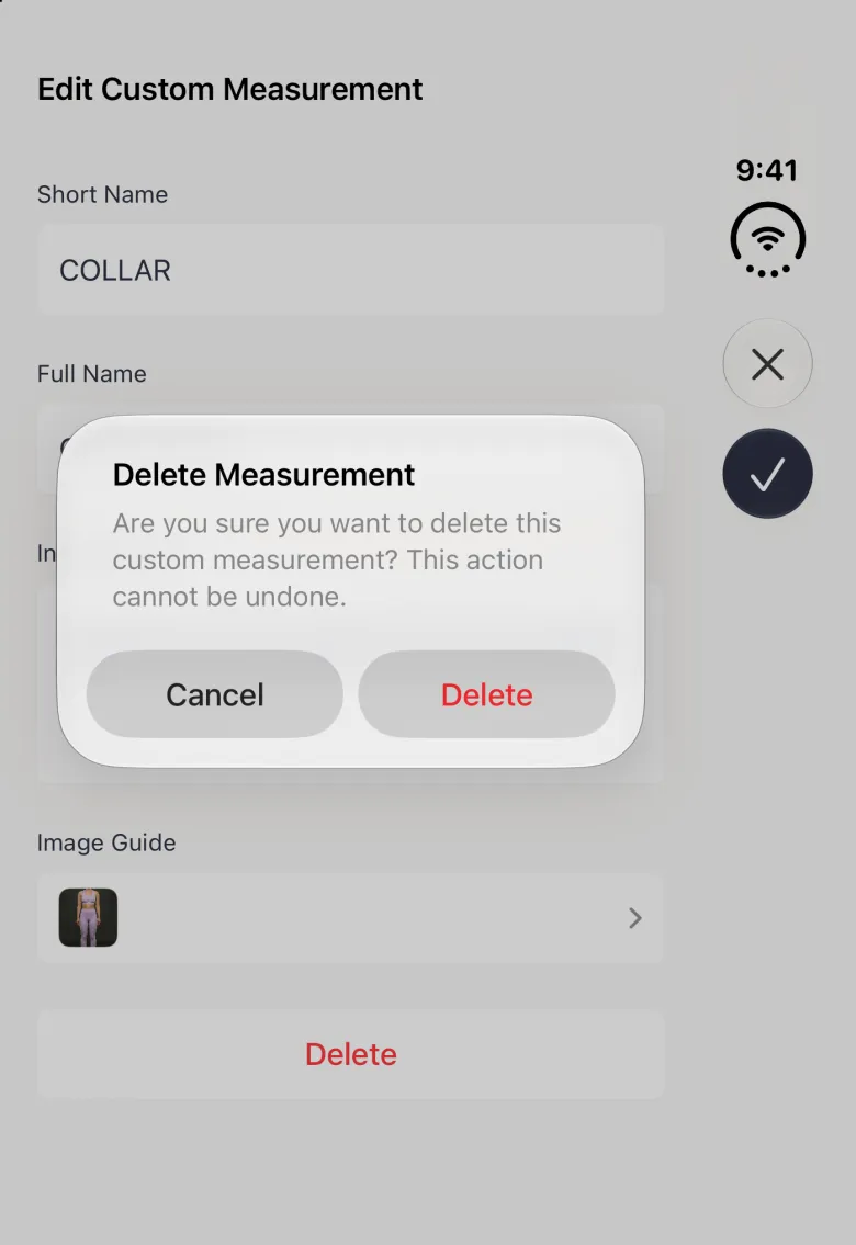 A Delete Measurement alert over the dimmed Edit Custom Measurement form on the closed Duo, reading are you sure you want to delete this custom measurement, this action cannot be undone, with Cancel and a red Delete button side by side.
