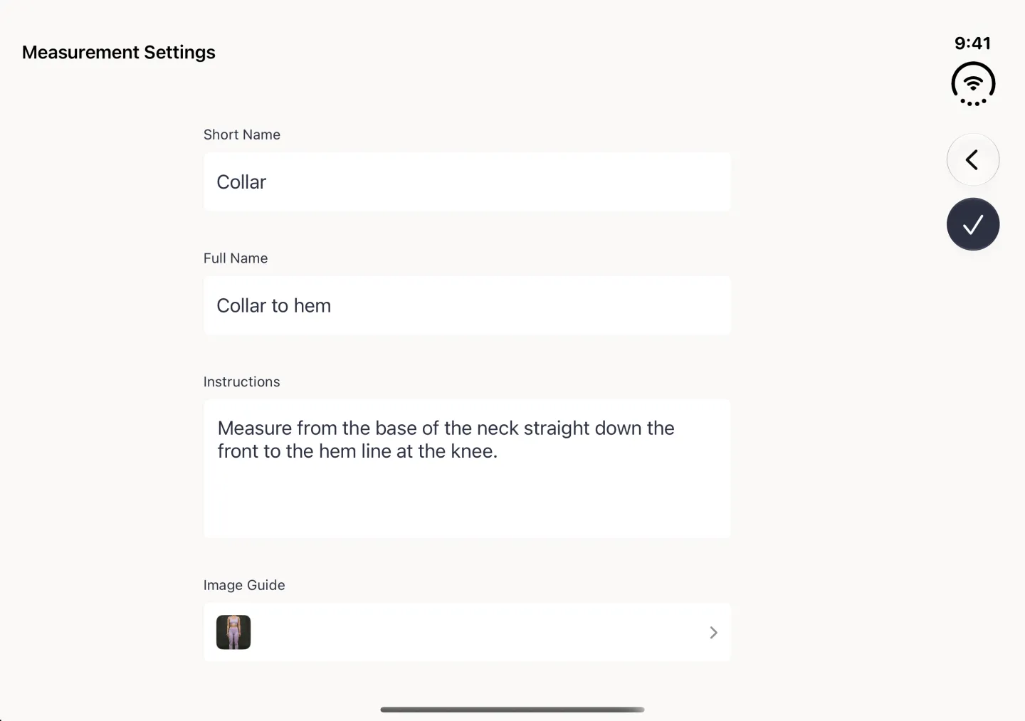The Measurement Settings form in landscape with a small photo thumbnail now filling the Image Guide row, under the names and instructions, and the navy checkmark in the vertical bar strip on the right edge.