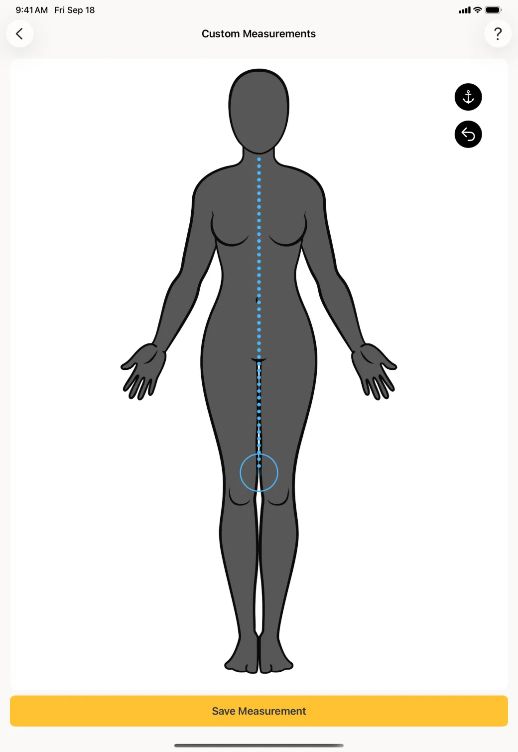 The figure with a blue dotted line running from the base of the neck straight down the front of the body to a point above the knee, an anchor and an undo button at the top right and a yellow Save Measurement button below.