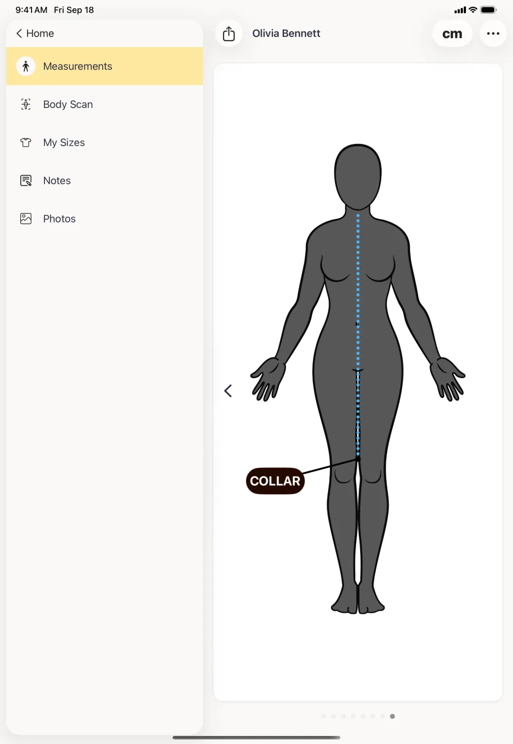 The client page showing the figure with a blue dotted line down the front and a dark label pill reading COLLAR beside the knee, with the last of eight page dots filled.