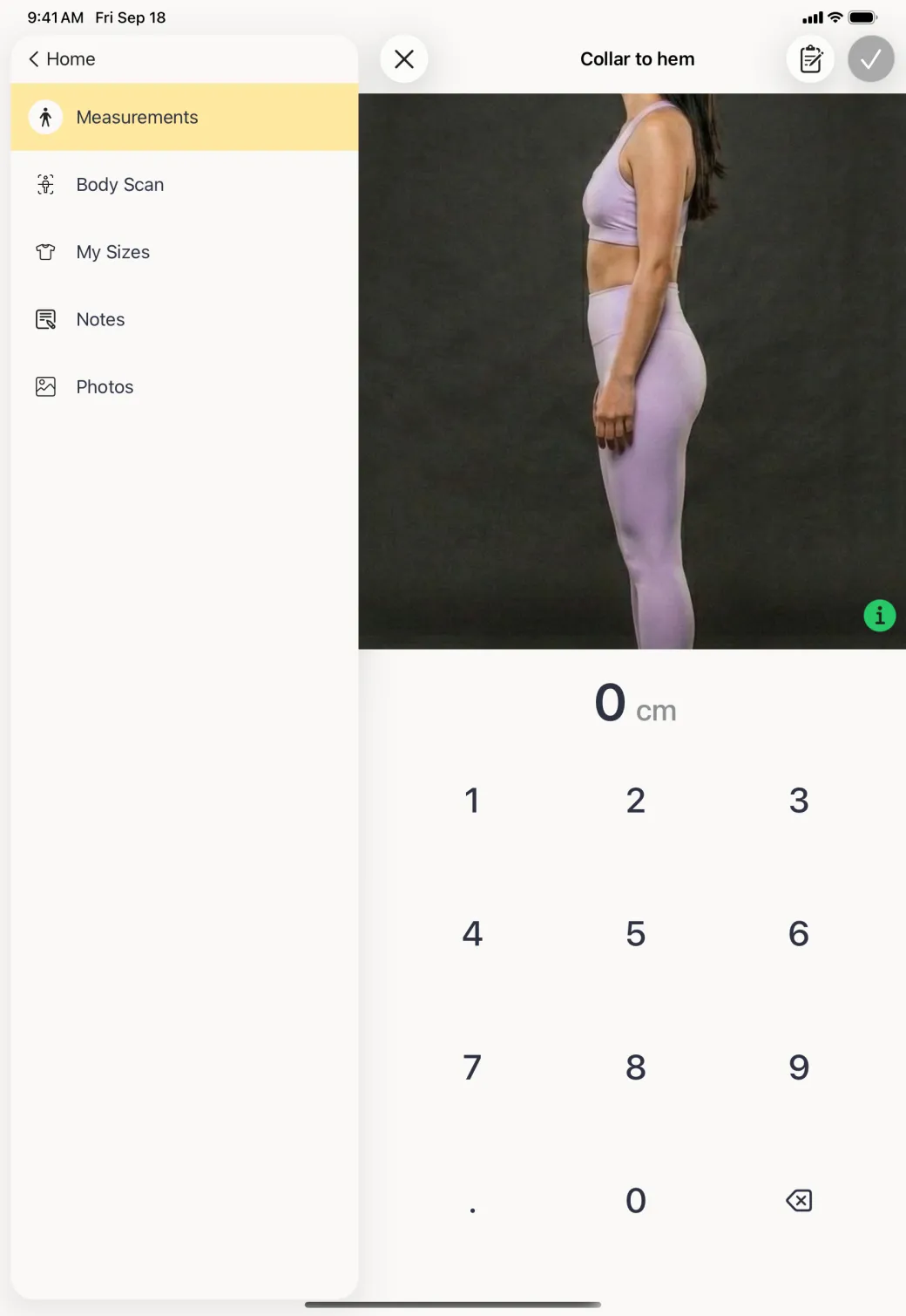 An entry screen titled Collar to hem beside the profile sidebar, showing the photo chosen as the image guide, the value 0 cm and the number pad.