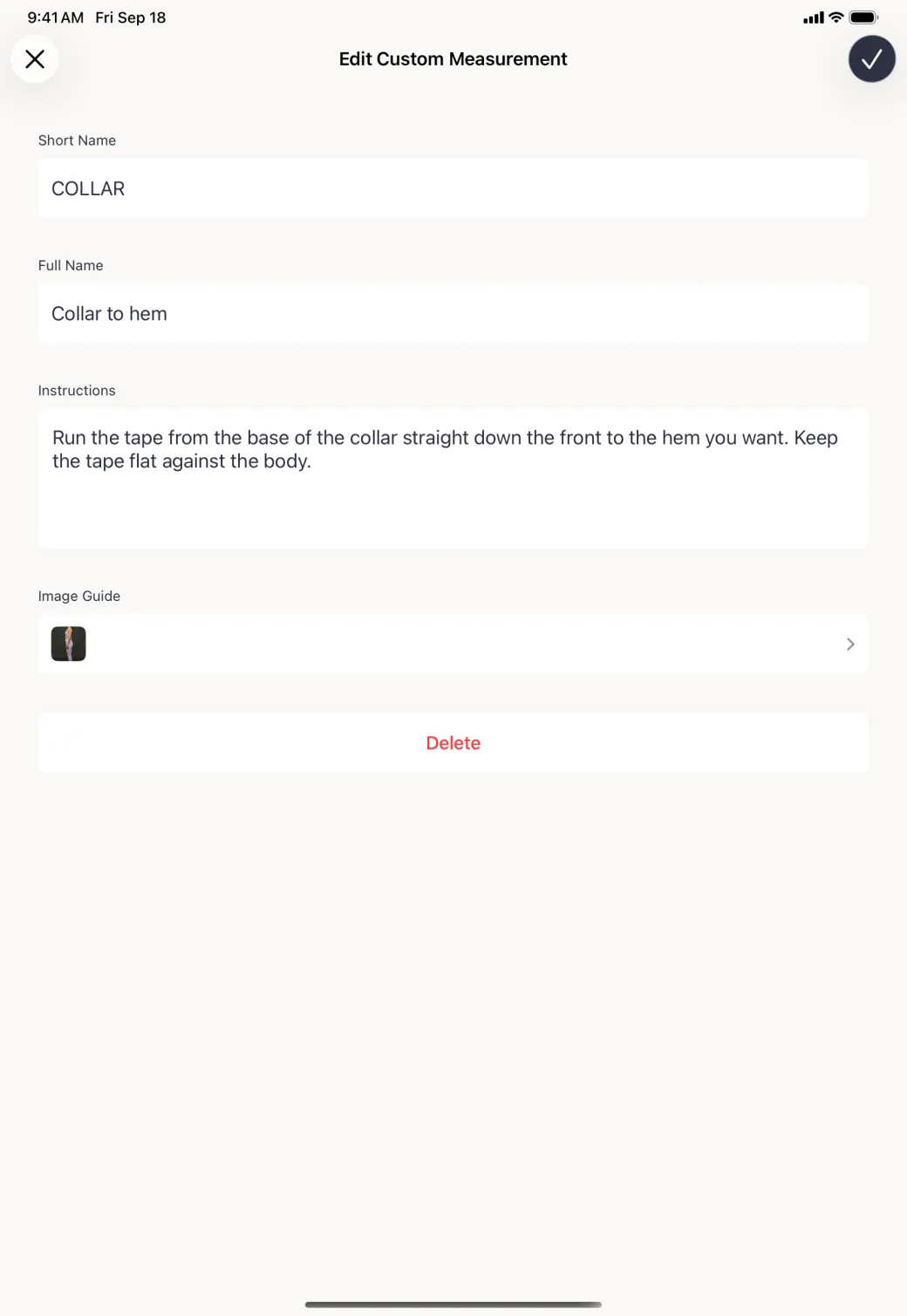 An Edit Custom Measurement page with the short name COLLAR, the full name Collar to hem, the instructions, an image guide thumbnail and a red Delete row beneath them.