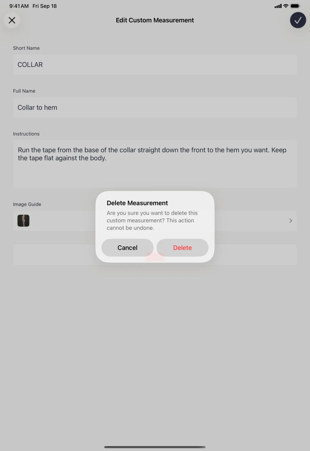 A Delete Measurement alert reading are you sure you want to delete this custom measurement, this action cannot be undone, with Cancel and a red Delete.