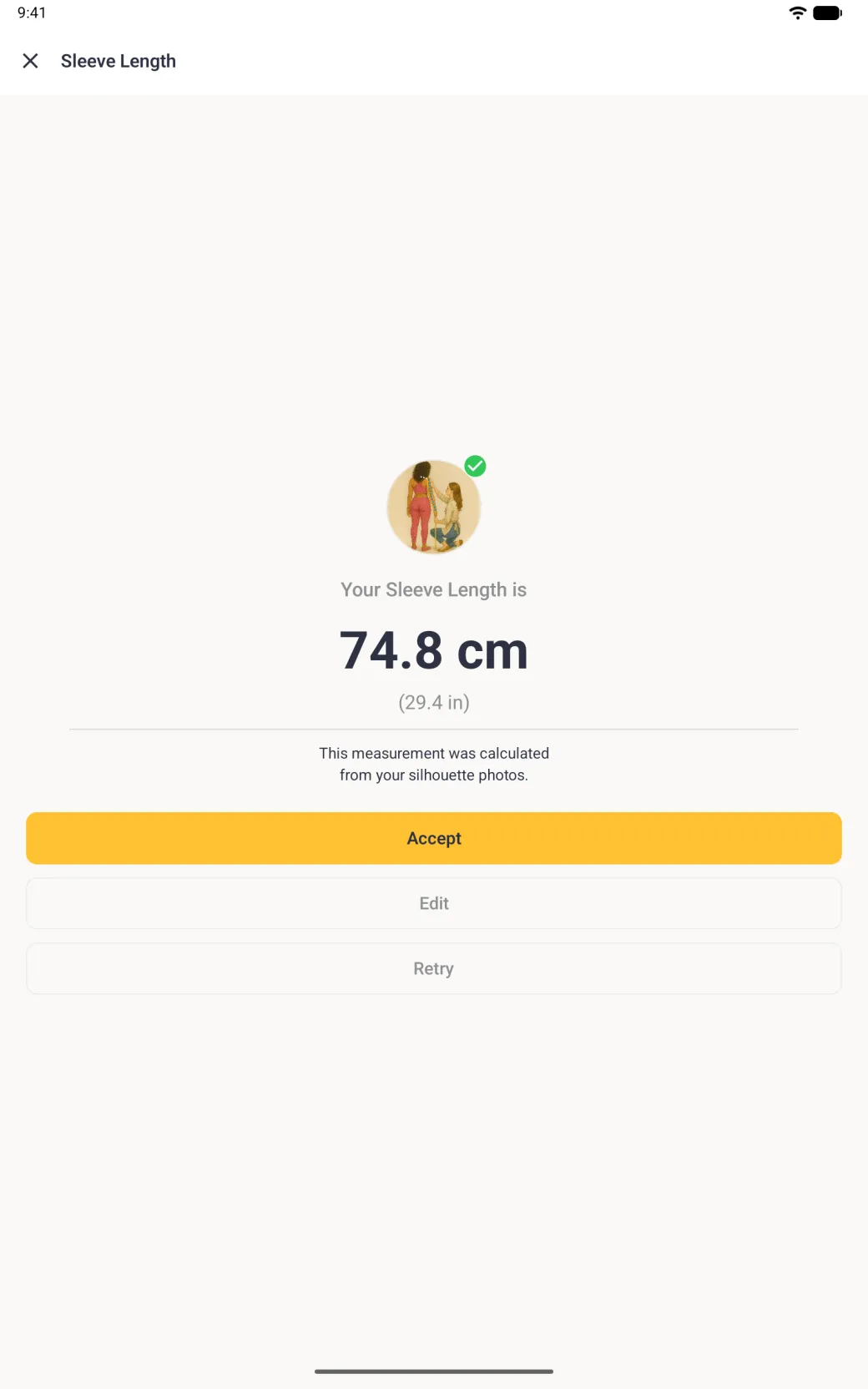 A Sleeve Length result screen centred on the tablet with a round illustration of a tailor measuring a client's arm and a green tick, reading Your Sleeve Length is followed by the calculated value in centimetres with one decimal and the inch value in brackets, a note that it was calculated from your silhouette photos, and a full-width gold Accept button above outlined Edit and Retry buttons.