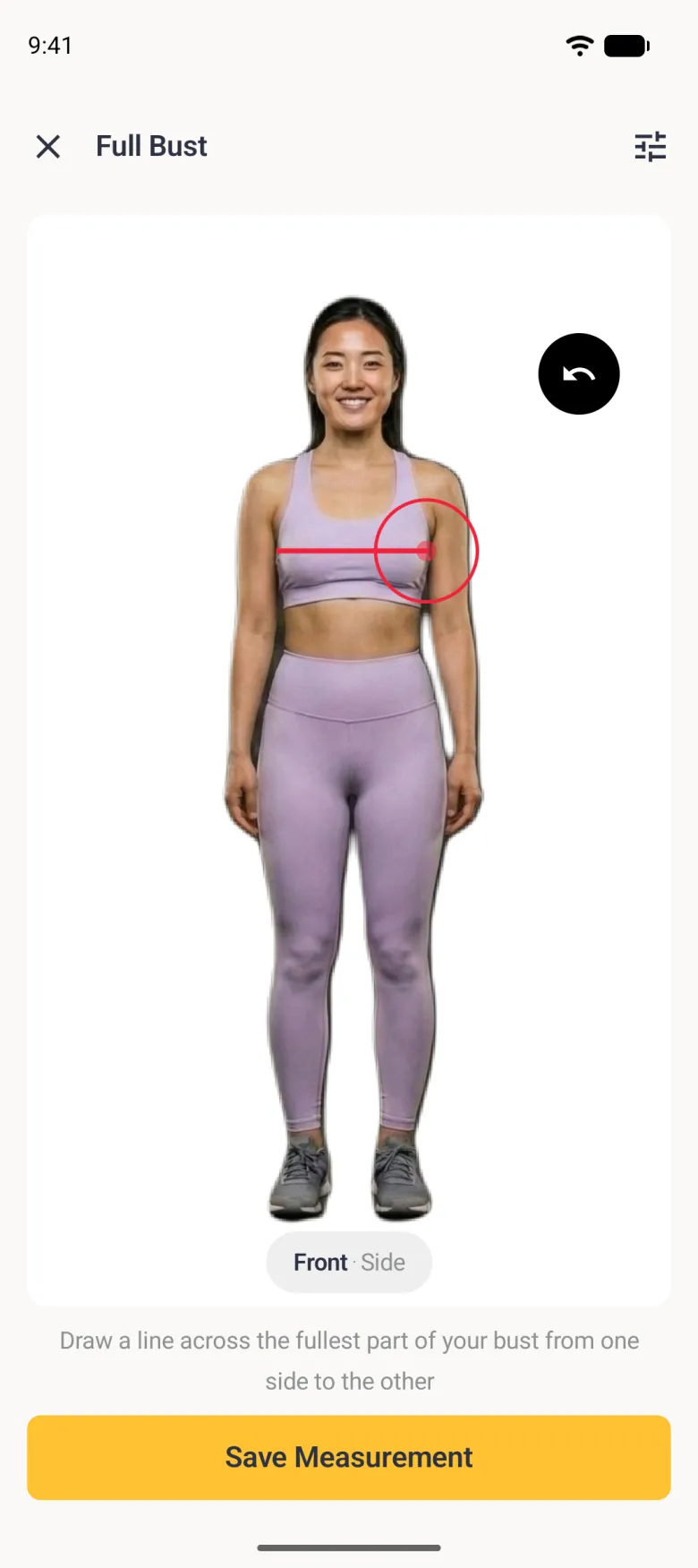 The front scan photo with a straight red line drawn horizontally across the full width of the chest at bust level, ending in a red target circle, a round undo button at the upper right of the card, and the instruction Draw a line across the fullest part of your bust from one side to the other above a yellow Save Measurement button.