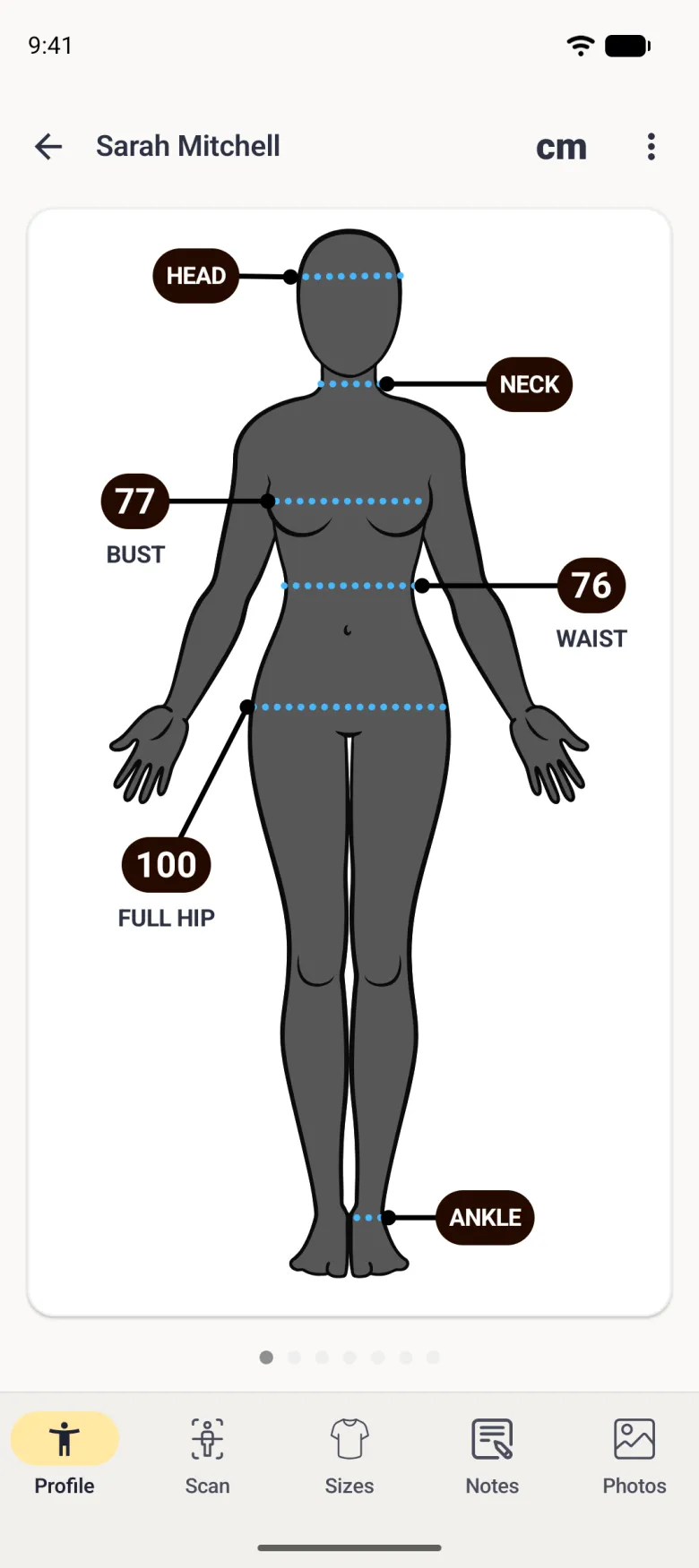 Sarah Mitchell's avatar with the Bust label now reading 77 next to the unchanged Waist 76 and Full Hip 100 labels, with Head, Neck and Ankle unmeasured.