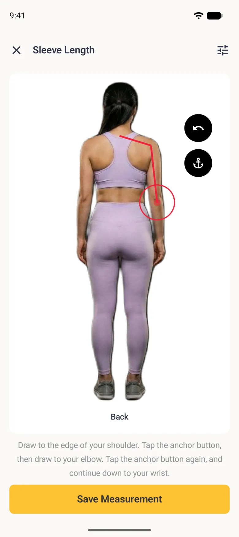 The same back view with the red line now ending at the elbow, from the neck to the shoulder and down the upper arm, with the red target circle at the elbow; the forearm segment is gone.