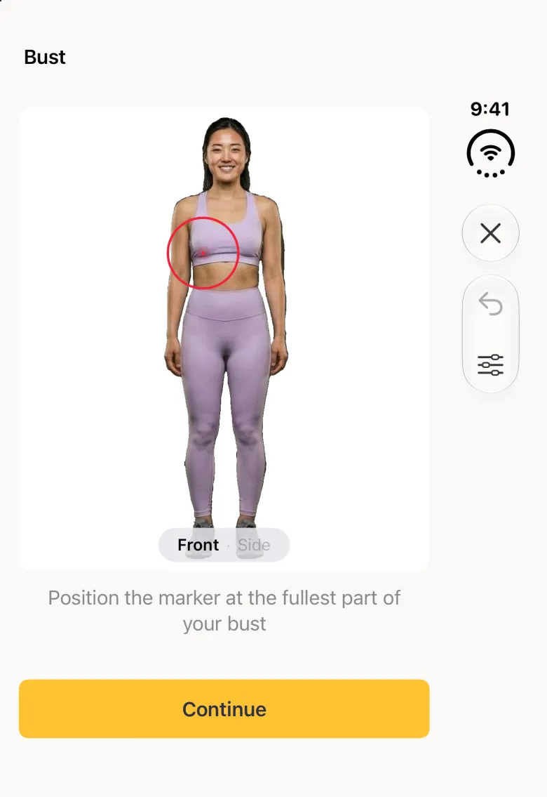 The Bust drawing screen on the closed Duo with the title Bust at the top left: a front scan photo with a red target circle at the left side of the bust, a Front and Side pill below the photo, the instruction Position the marker at the fullest part of your bust, and a yellow Continue button; a close button and an undo and sliders pair are stacked in the vertical bar strip on the right.
