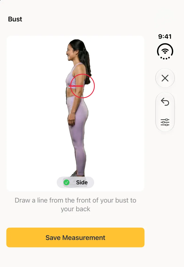 A side profile scan photo on the closed Duo with a short horizontal red line drawn from the front of the bust through to the back, the red target circle at its back end, a pill under the photo with a green tick beside Side, the instruction Draw a line from the front of your bust to your back, and a yellow Save Measurement button; close, undo and sliders sit in the vertical bar strip on the right.