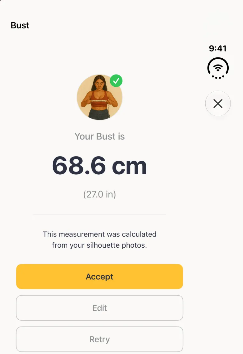 A result screen filling the closed Duo, titled Bust at the top left with a close button in the vertical bar strip on the right: a round illustration with a green tick, Your Bust is 68.6 cm with 27.0 in below, a note that it was calculated from the silhouette photos, and a gold Accept button above Edit and Retry.