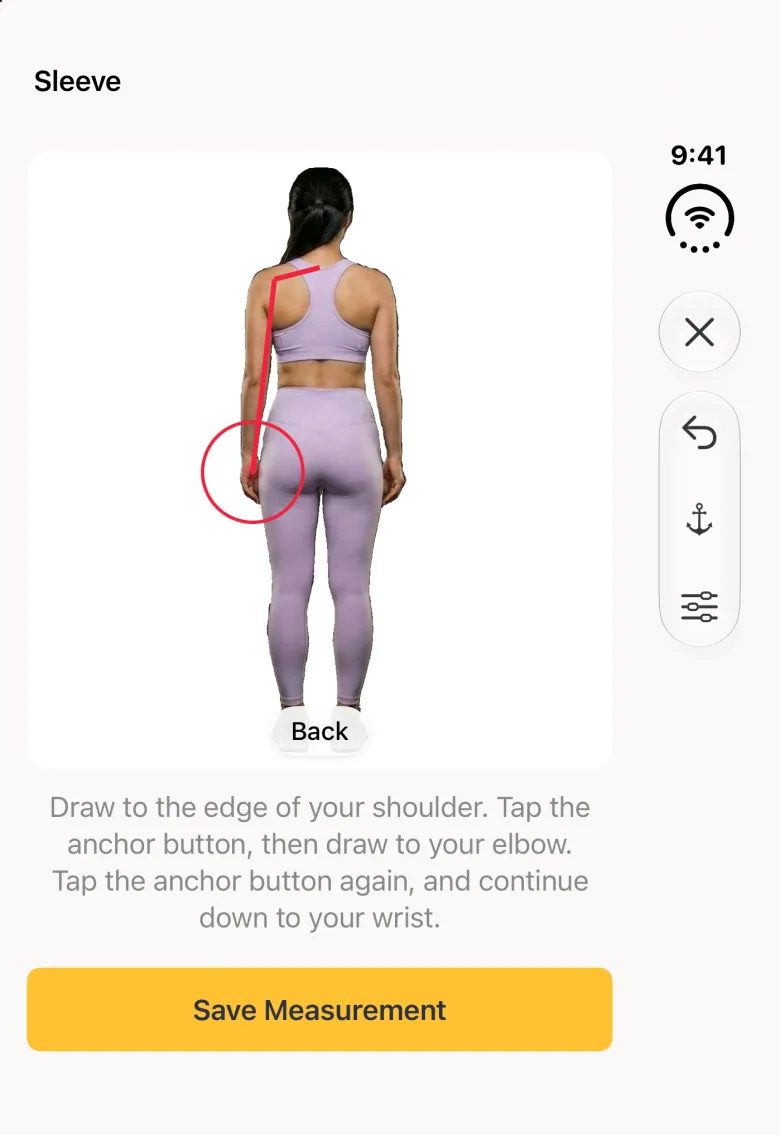 A back view scan photo on the closed Duo with a red line running from the base of the neck out to the shoulder, then down the outside of the arm past the elbow to the wrist, with the red target circle at the wrist, the anchor instructions below and a yellow Save Measurement button; close, undo, anchor and sliders sit in the vertical bar strip on the right.