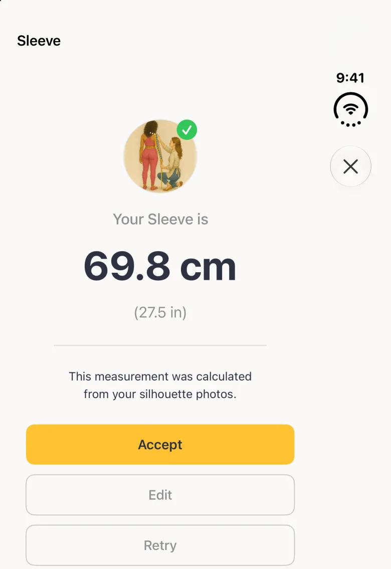 A result screen filling the closed Duo, titled Sleeve at the top left with a close button in the vertical bar strip on the right: a round illustration with a green tick, Your Sleeve is 69.8 cm with 27.5 in below, a note that it was calculated from the silhouette photos, and a gold Accept button above Edit and Retry.