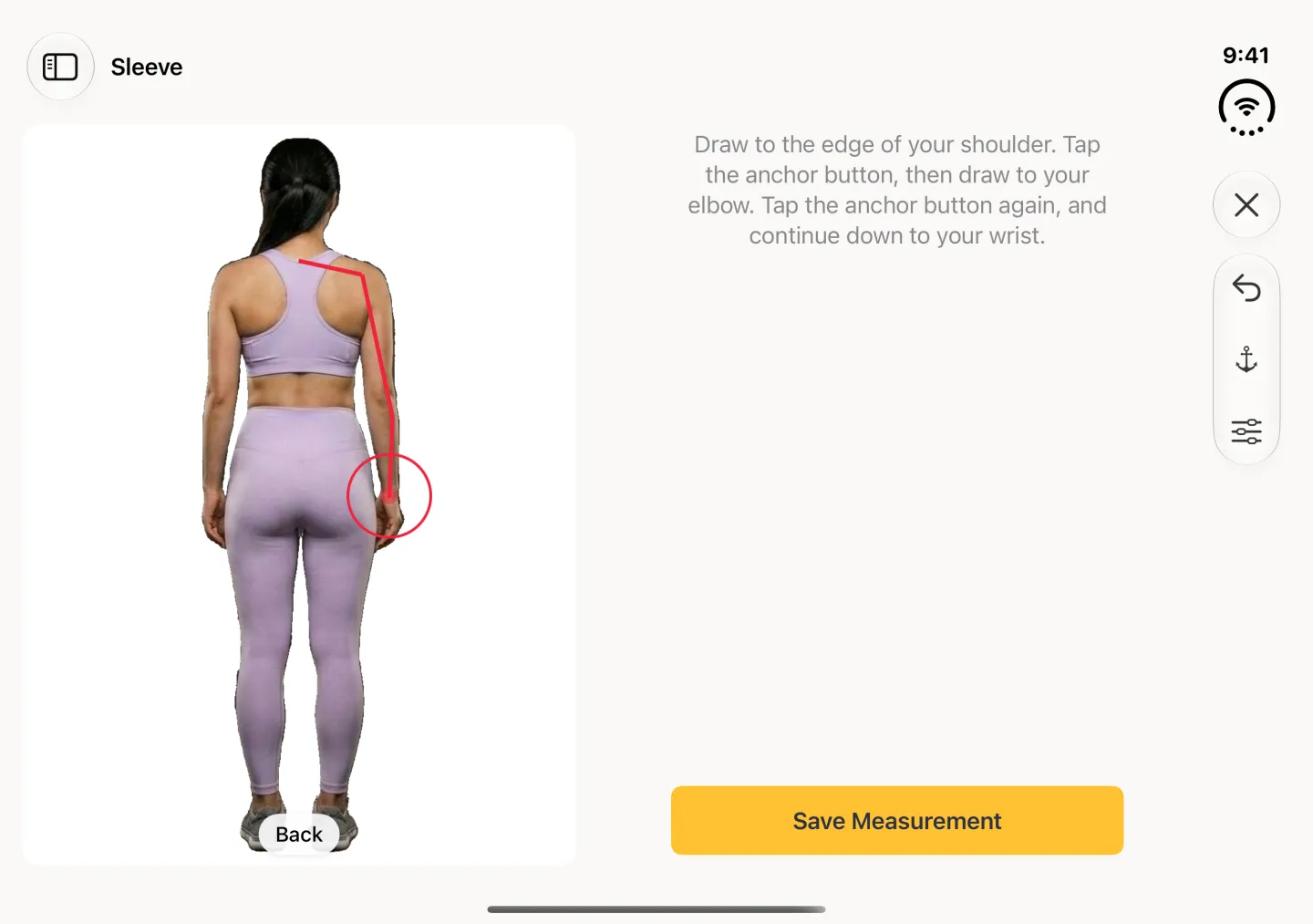 A back view scan photo on the left of the landscape drawing screen with a red line running from the base of the neck out to the shoulder, then bending down the outside of the arm to the elbow and on to the wrist, with the red target circle at the wrist; on the right the anchor instructions and a yellow Save Measurement button, with undo, anchor and sliders in the vertical bar strip.