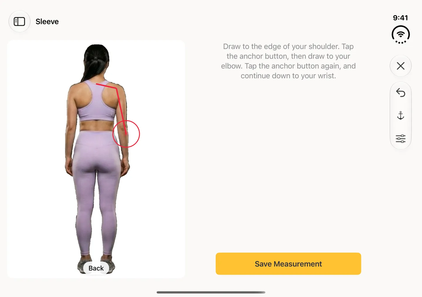 The same back view in landscape with the red line now ending at the elbow, the final segment to the wrist gone, and the red target circle at the elbow; undo, anchor and sliders stay in the vertical bar strip on the right edge.