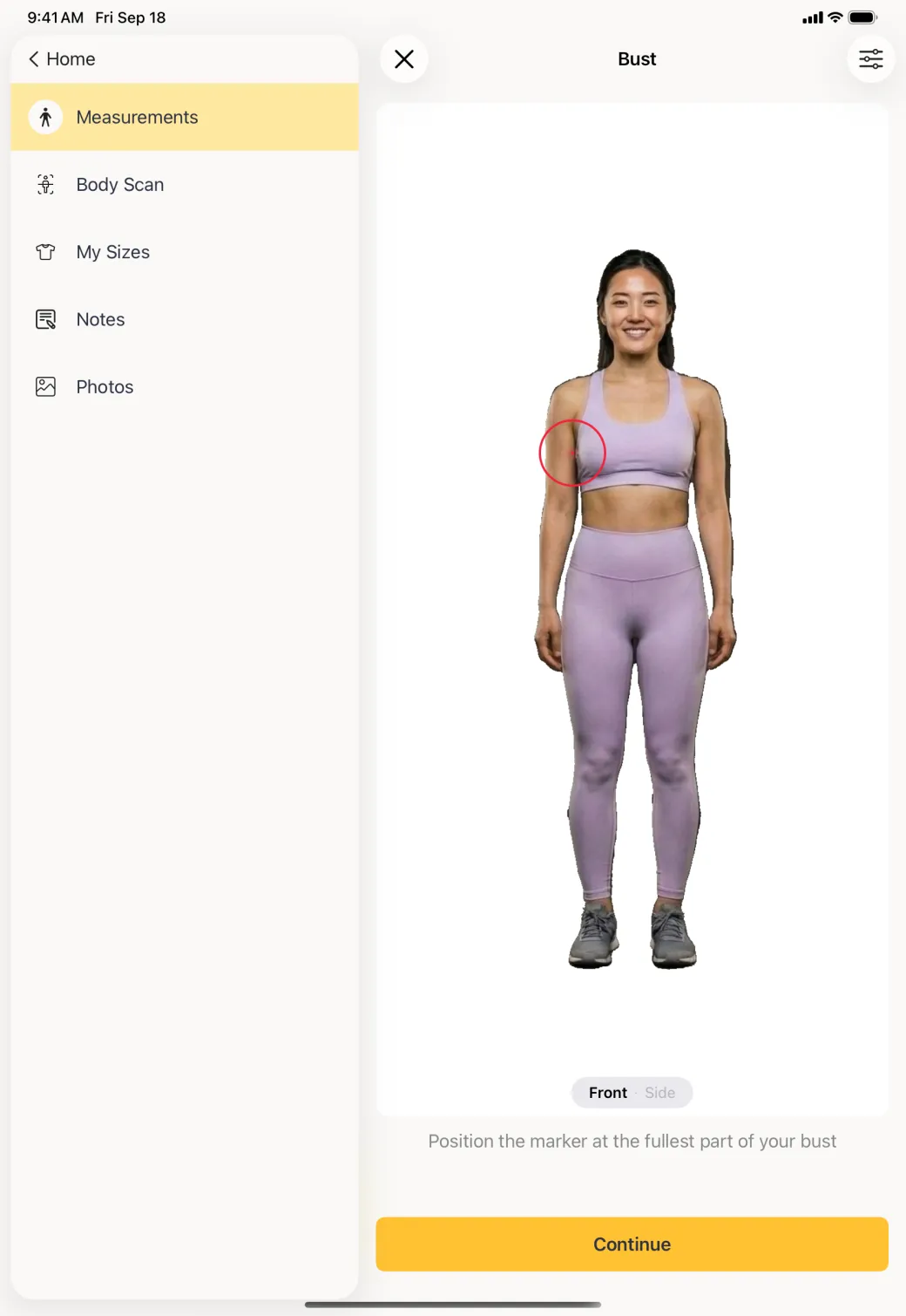 A front scan photo in the pane beside the profile sidebar, with a red target circle over one side of the bust, a Front and Side selector below the photo, and a Continue button.