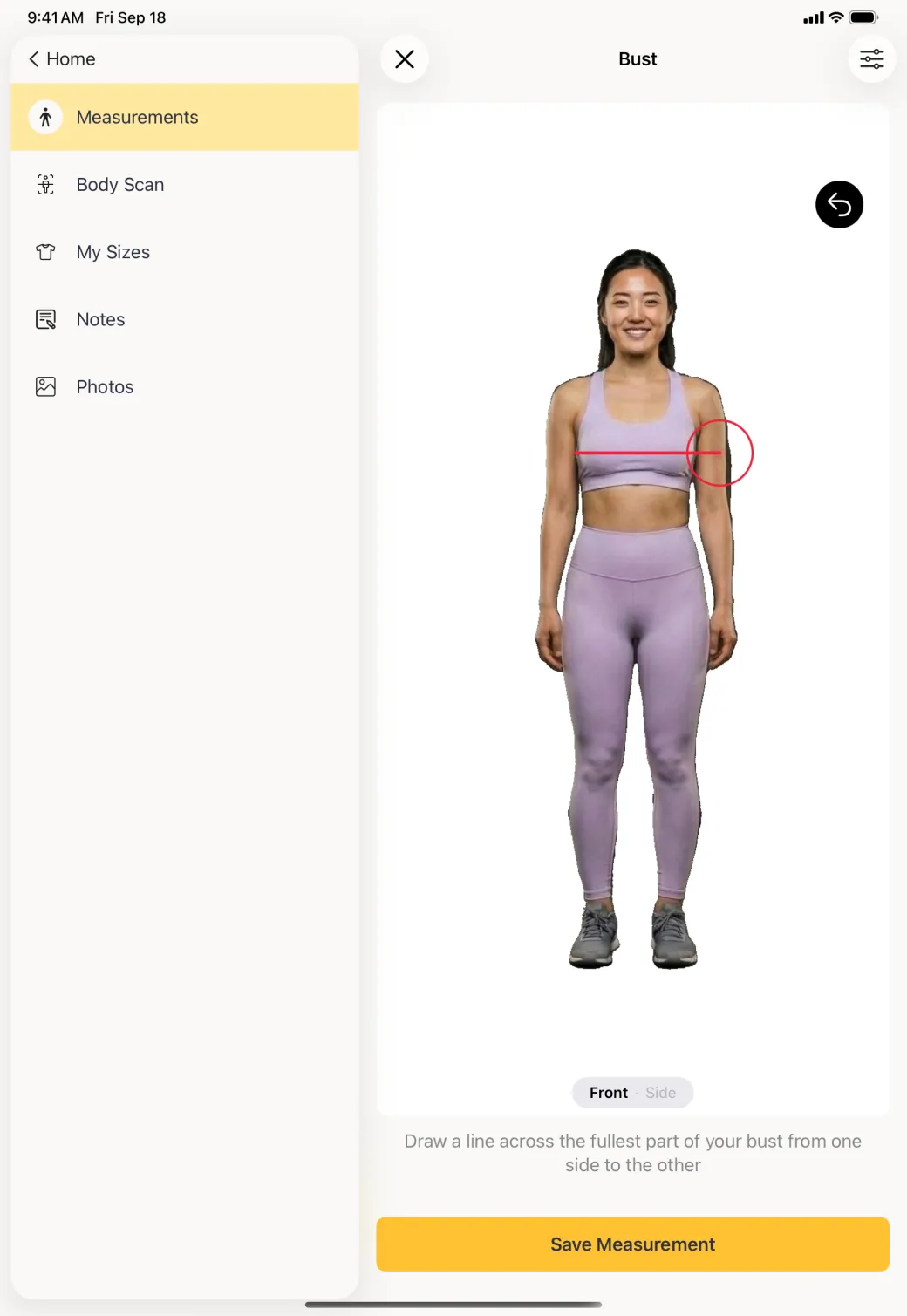The front scan photo with a straight red line drawn horizontally across the whole width of the chest at bust level, above the instruction to draw from one side to the other.