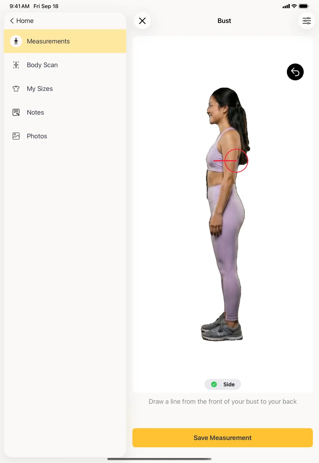 A side profile scan photo in the pane beside the profile sidebar, with a horizontal red line drawn from the front of the bust through to the back.