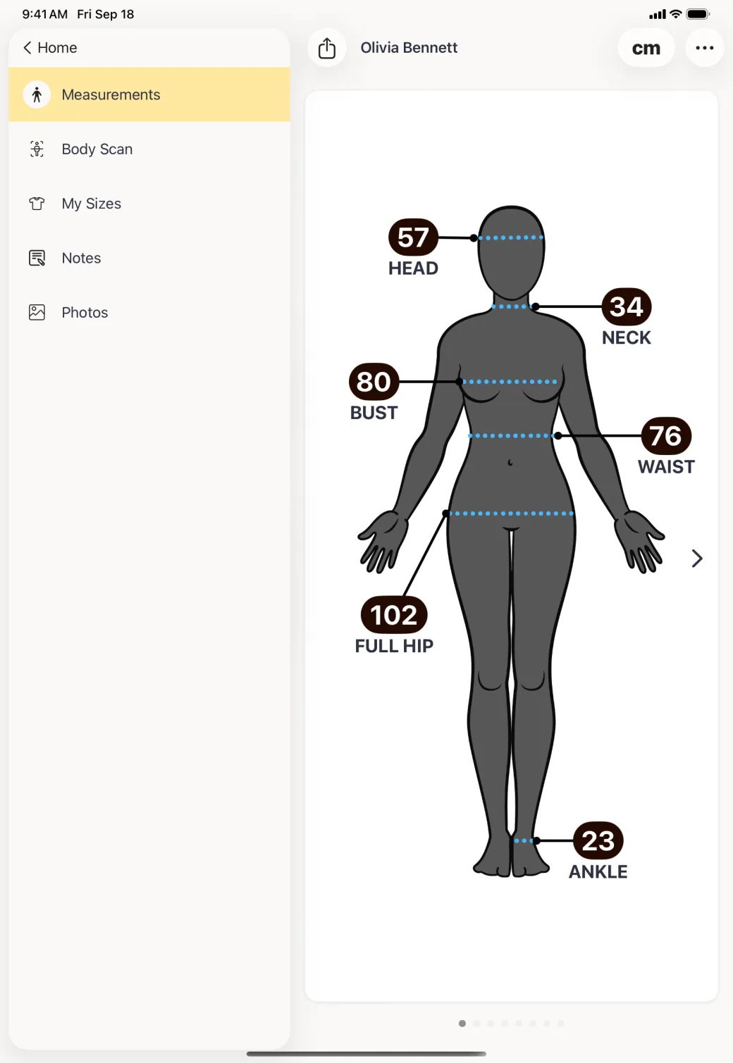 A profile body with the Bust label now reading 80 next to unchanged Head, Neck, Waist, Full Hip and Ankle labels.
