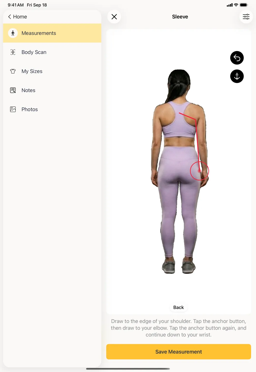 A back view scan photo in the pane beside the profile sidebar, with a red line running from the base of the neck out to the shoulder, then bending down the outside of the arm to the wrist.