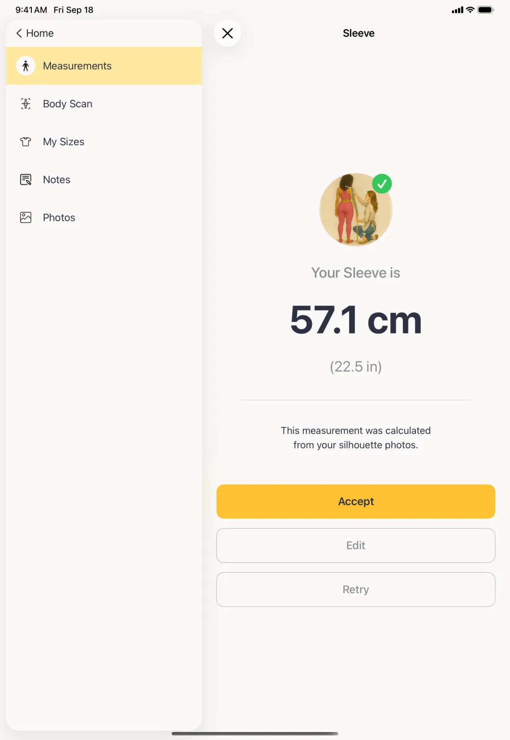 A result screen reading Your Sleeve is 57.1 cm with 22.5 in below and Accept, Edit and Retry buttons.