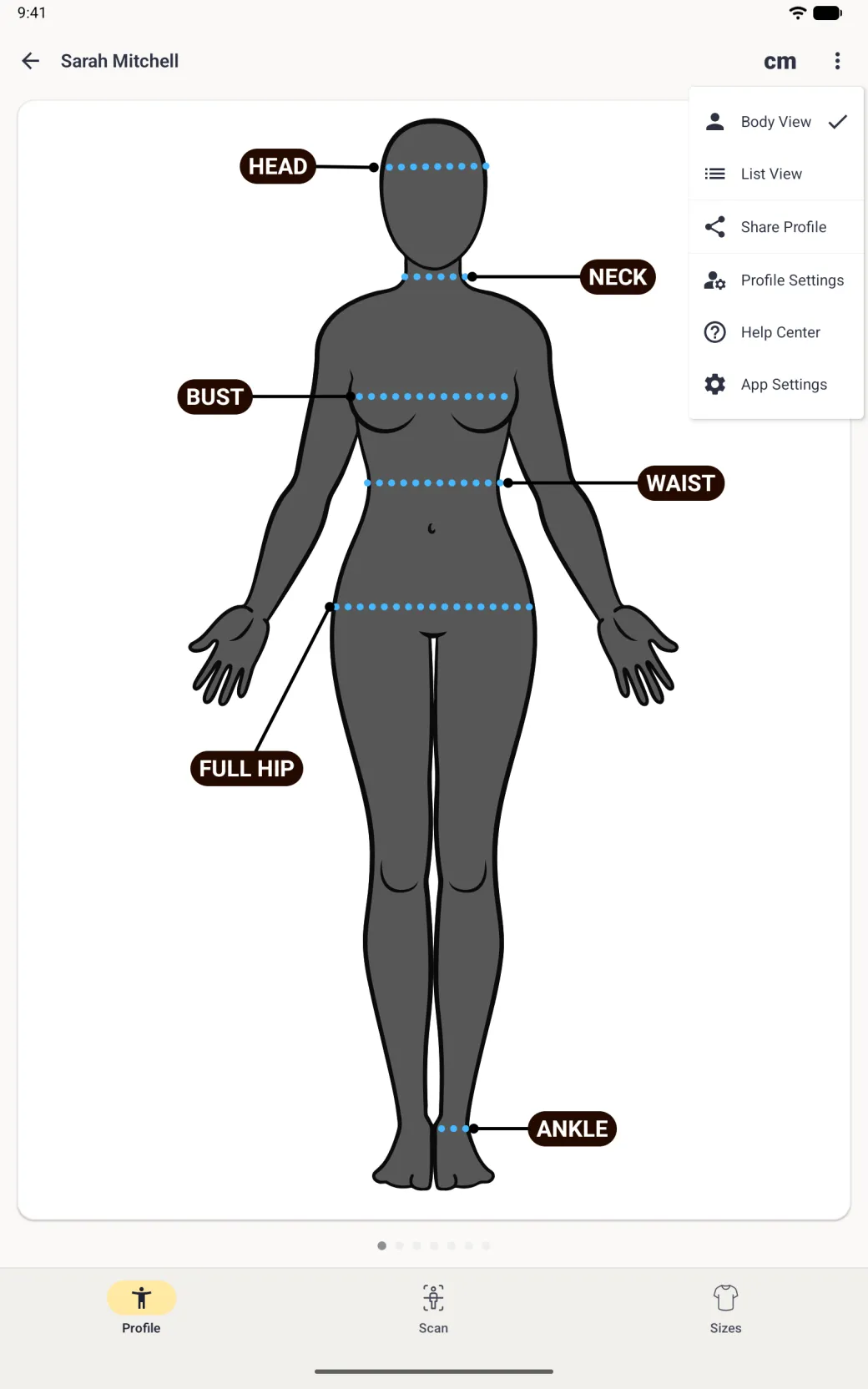 Profile menu open over Sarah Mitchell's full-screen charcoal avatar listing Body View with a tick, List View, Share Profile, Profile Settings, Help Center and App Settings, each with an icon.