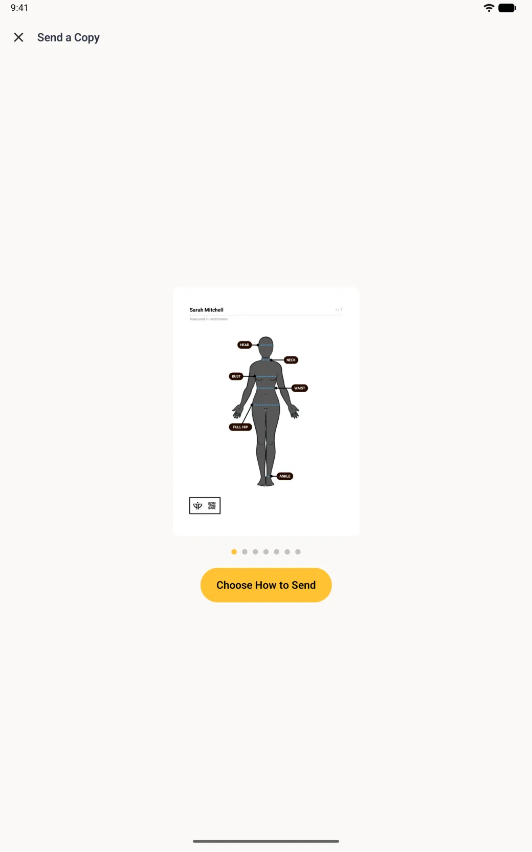 Send a Copy screen showing page one of seven of Sarah Mitchell's PDF in the middle of the tablet, headed with her name and Measured in centimeters, with a labelled charcoal avatar and a QR code, above seven page dots and a gold Choose How to Send button.