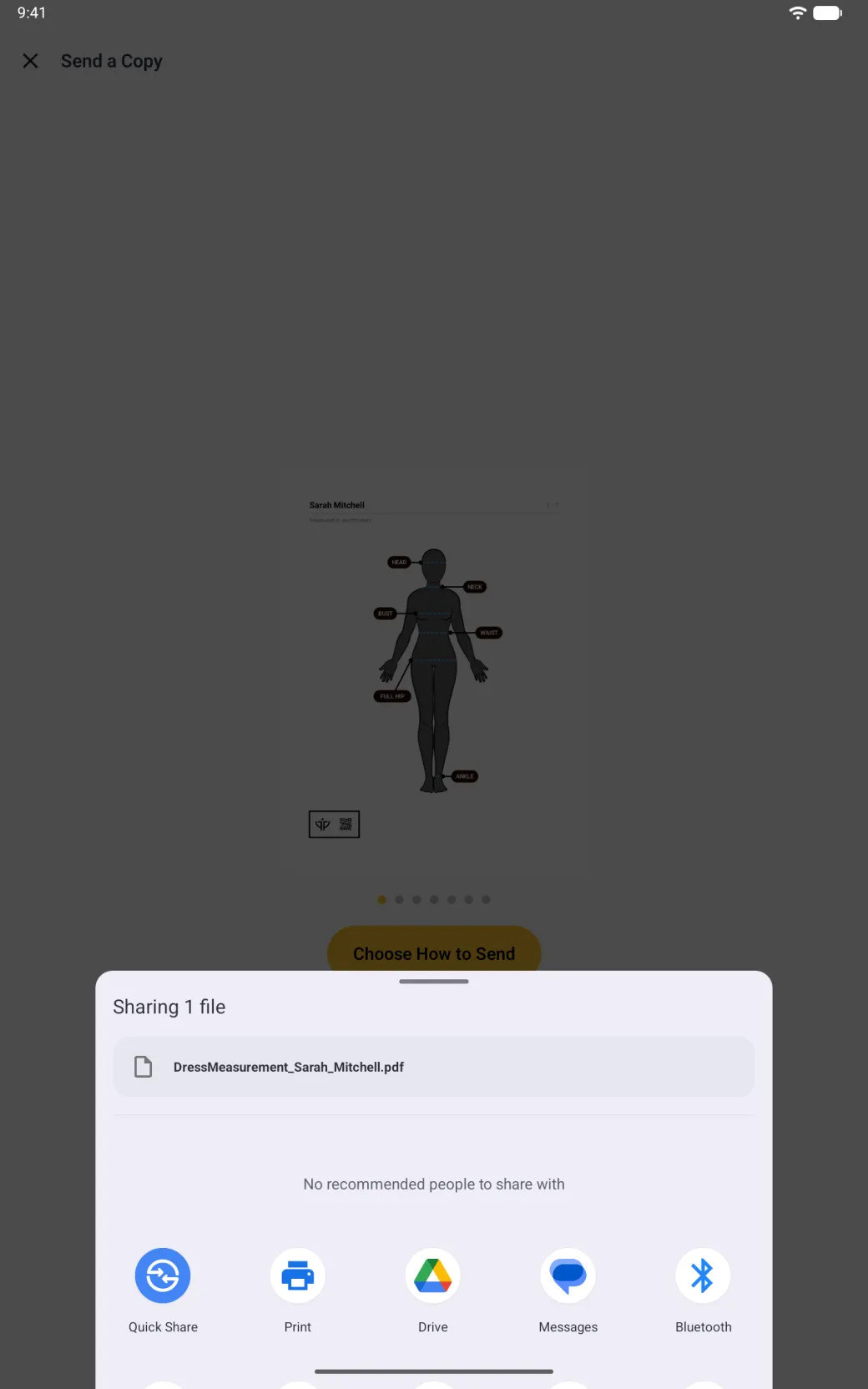 Android sharesheet over the dimmed Send a Copy screen, reading Sharing 1 file with DressMeasurement_Sarah_Mitchell.pdf, above share targets including Quick Share, Print, Drive, Messages and Bluetooth.