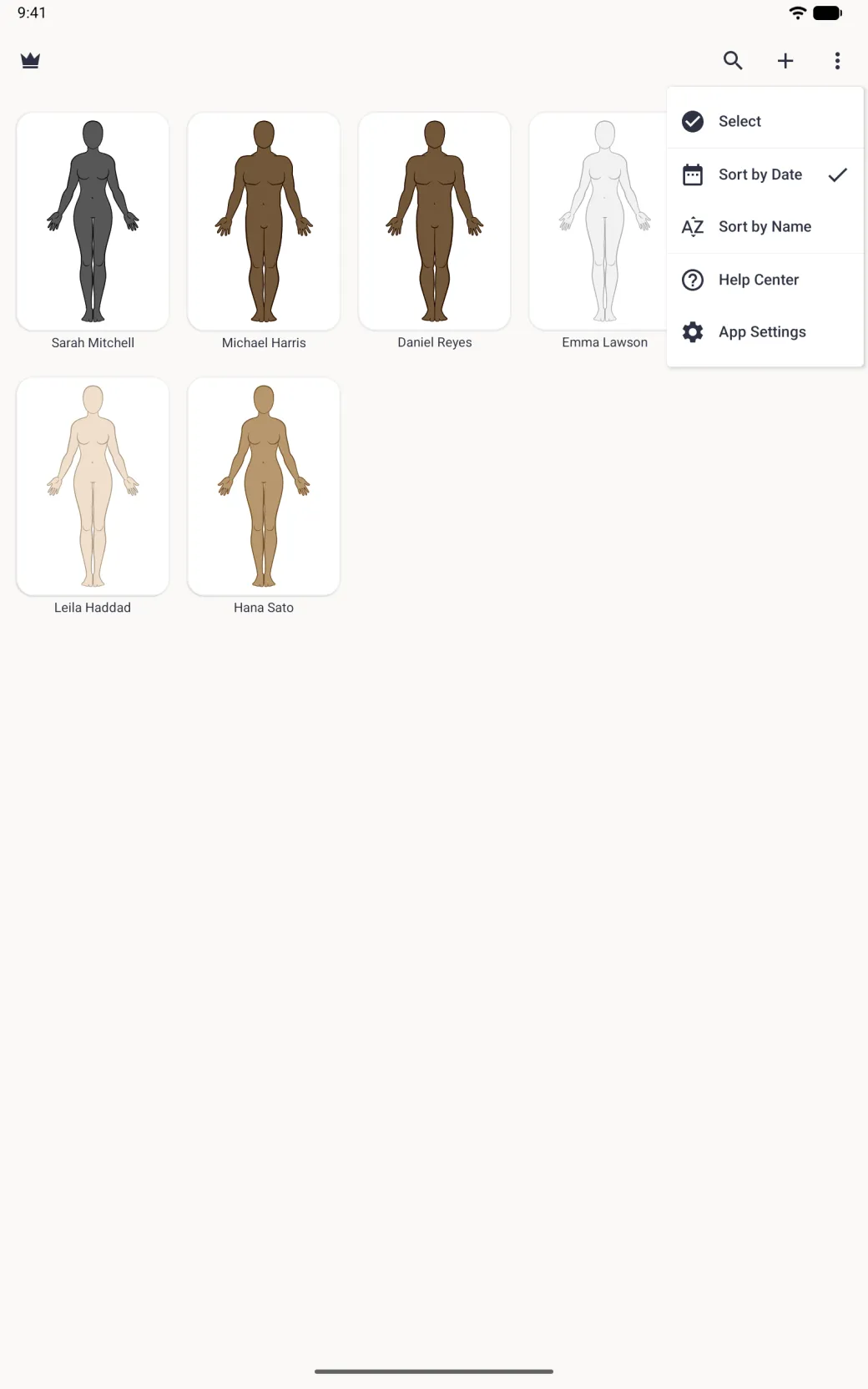Home screen with a menu open at the top right listing Select, Sort by Date with a tick, Sort by Name, Help Center and App Settings, over a five-column grid of profile avatars.