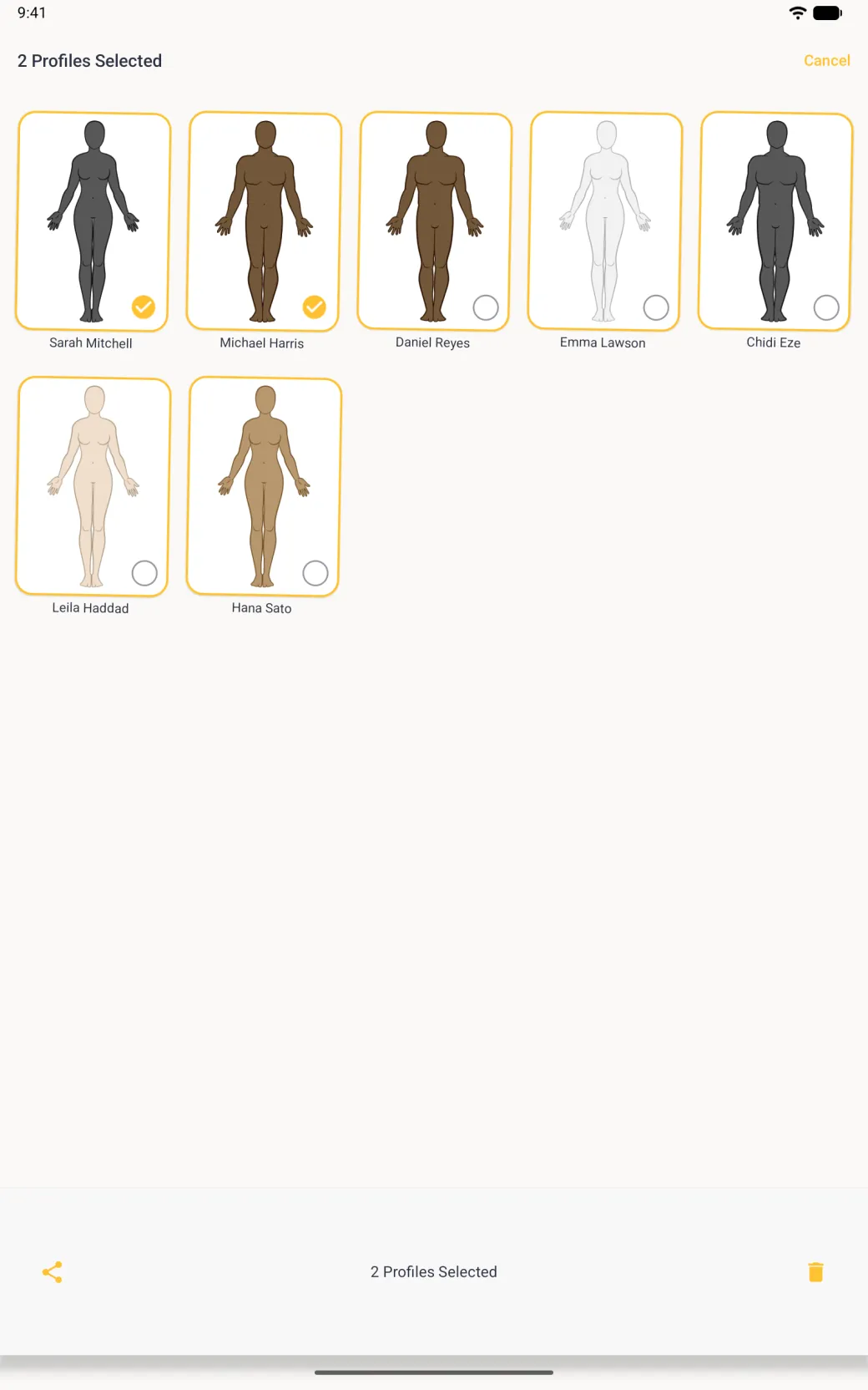 Home grid in selection mode with every card outlined in gold, Sarah Mitchell and Michael Harris ticked, 2 Profiles Selected at the top left and in a bottom bar between a gold share button and a gold delete button.