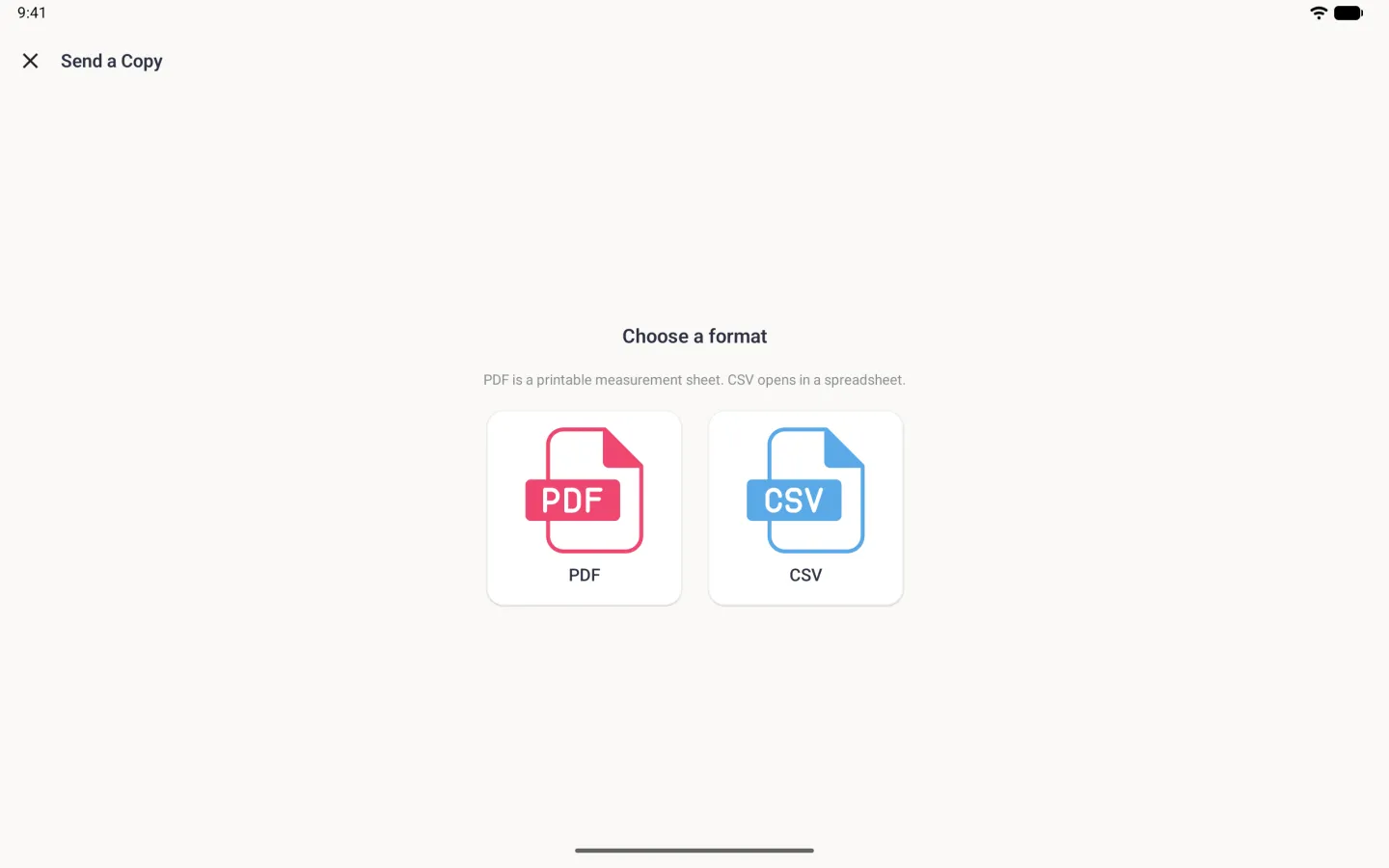 Send a Copy screen filling the tablet in landscape with a Choose a format heading, the line PDF is a printable measurement sheet. CSV opens in a spreadsheet, and a pink PDF file tile beside a blue CSV file tile.