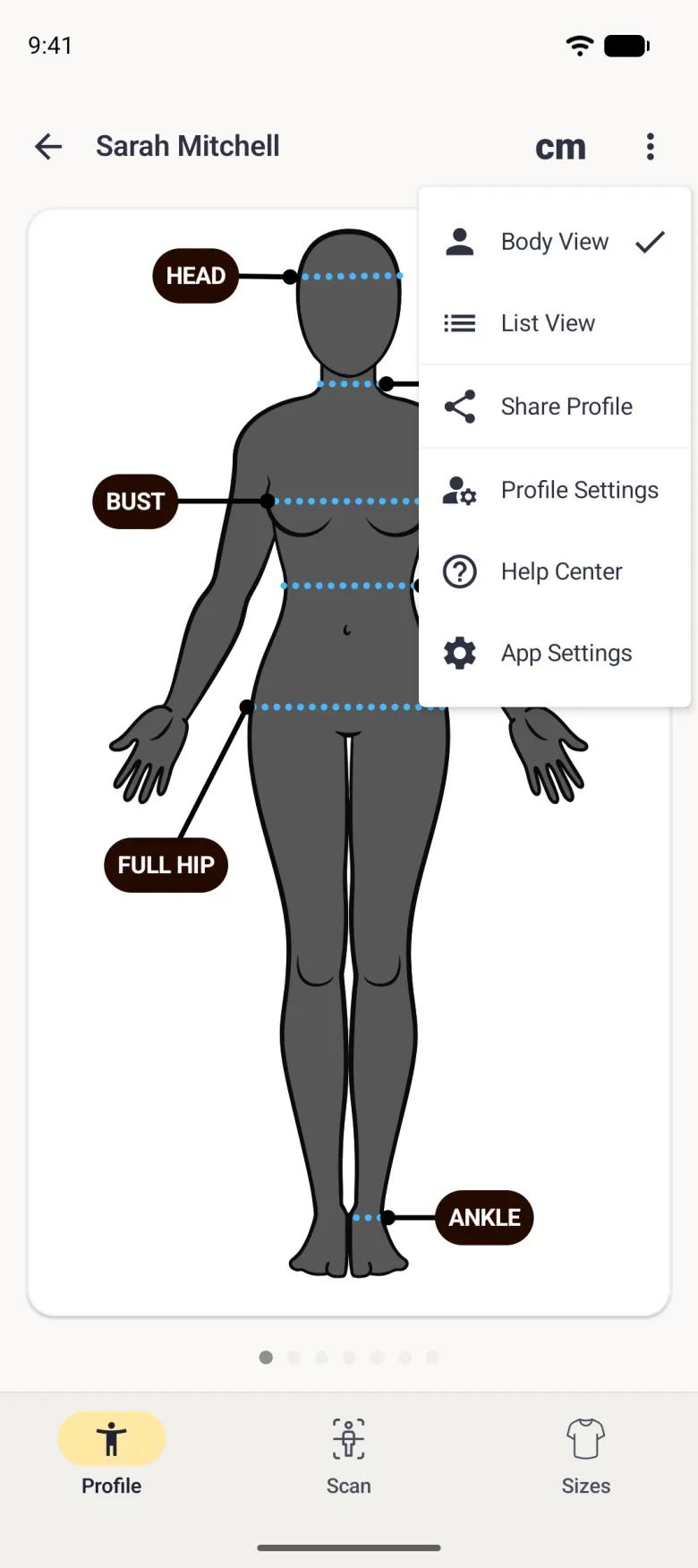Profile menu over Sarah Mitchell's avatar listing Body View with a tick, List View, Share Profile, Profile Settings, Help Center and App Settings, each with an icon.