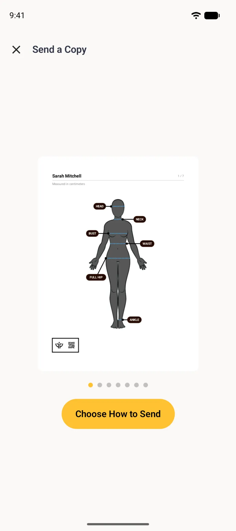 Send a Copy screen showing a PDF page headed Sarah Mitchell, page 1 of 7, Measured in centimeters, with a charcoal avatar labelled Head, Neck, Bust, Waist, Full Hip and Ankle and a small logo and QR code, above seven page dots and a gold Choose How to Send button.