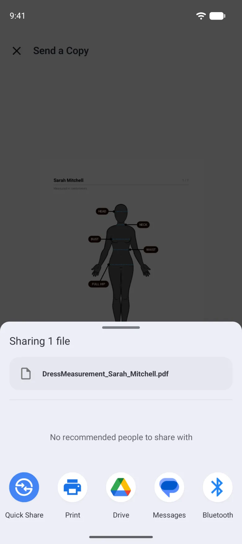 Android share sheet reading Sharing 1 file with DressMeasurement_Sarah_Mitchell.pdf, No recommended people to share with, and a row of Quick Share, Print, Drive, Messages and Bluetooth, over the dimmed PDF preview.