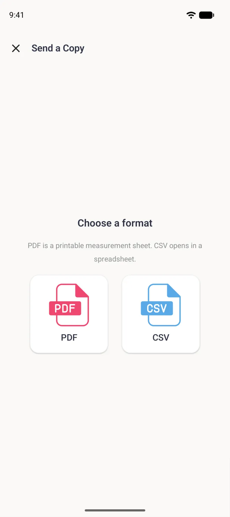 Send a Copy screen headed Choose a format, noting that PDF is a printable measurement sheet and CSV opens in a spreadsheet, above a pink PDF file tile beside a blue CSV file tile.