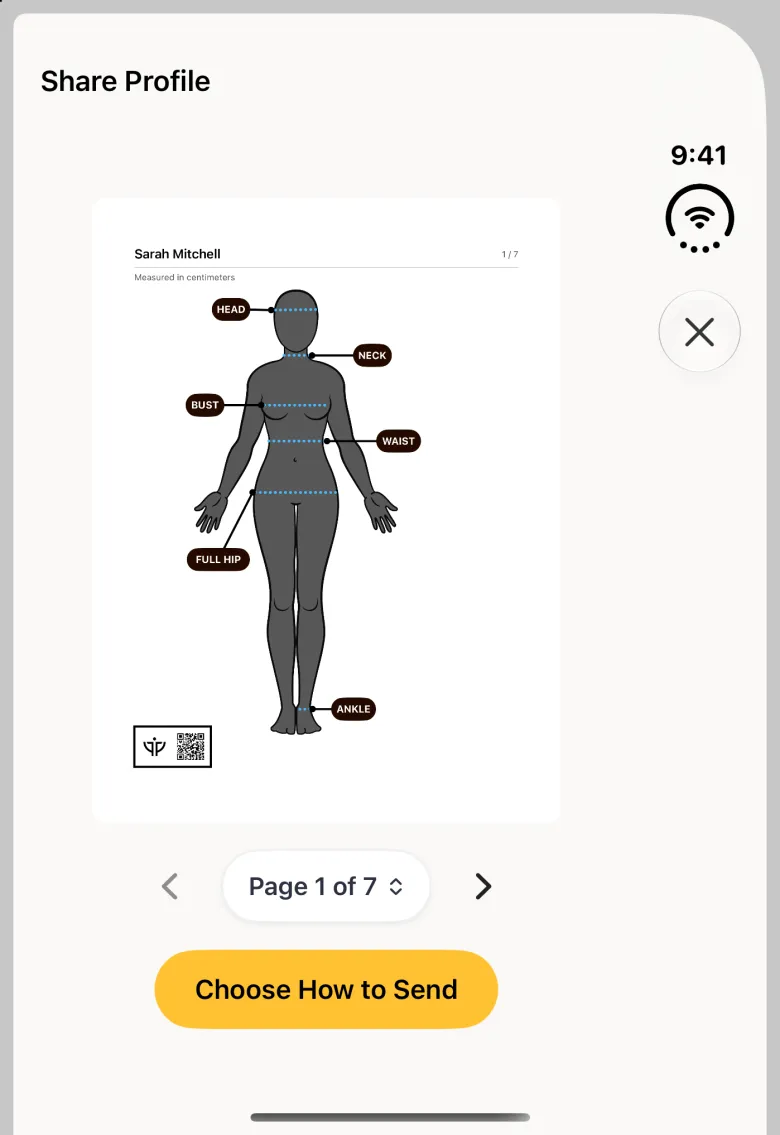 Share Profile sheet on the closed Duo showing a PDF page headed Sarah Mitchell, Measured in centimeters and 1 / 7, with a labelled avatar and a QR code, above a Page 1 of 7 control with arrows and a gold Choose How to Send button; the close button sits in the vertical bar strip on the right.