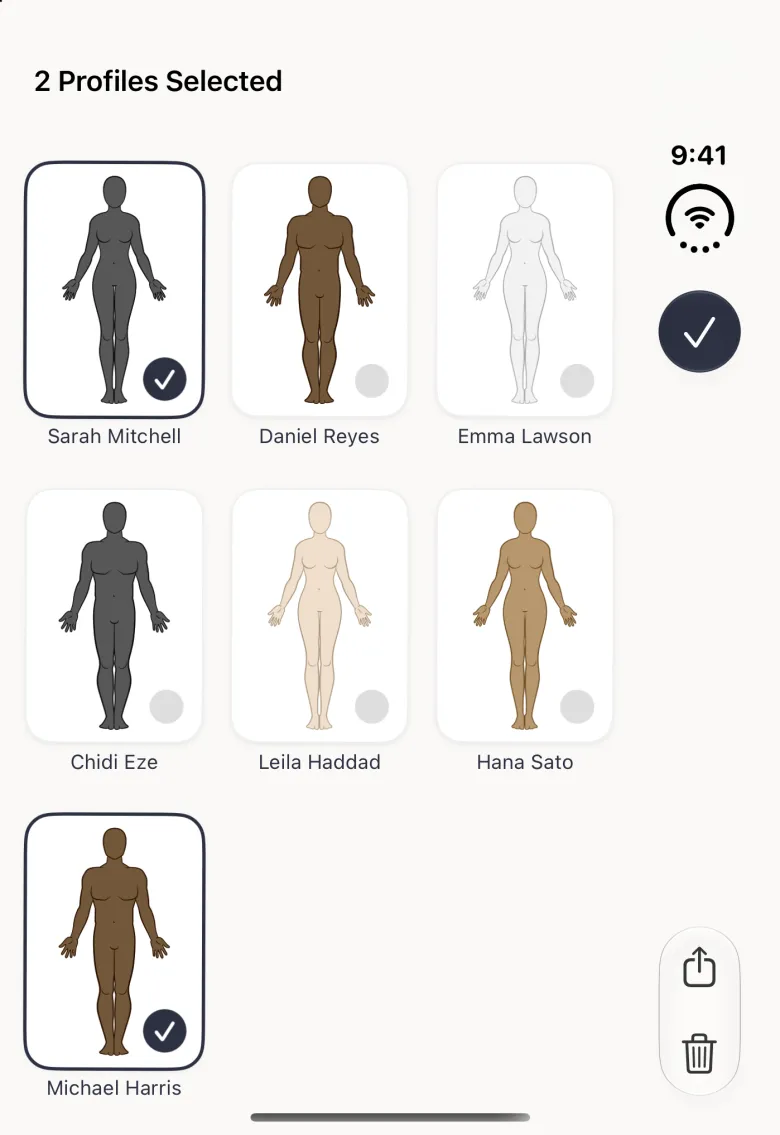 Home grid on the closed Duo in selection mode titled 2 Profiles Selected: Sarah Mitchell and Michael Harris are outlined in navy with navy ticks and the other five cards show empty grey circles; the vertical bar strip on the right holds a navy checkmark Done button near the top and, at its foot, a capsule with a share button above a delete (trash) button.