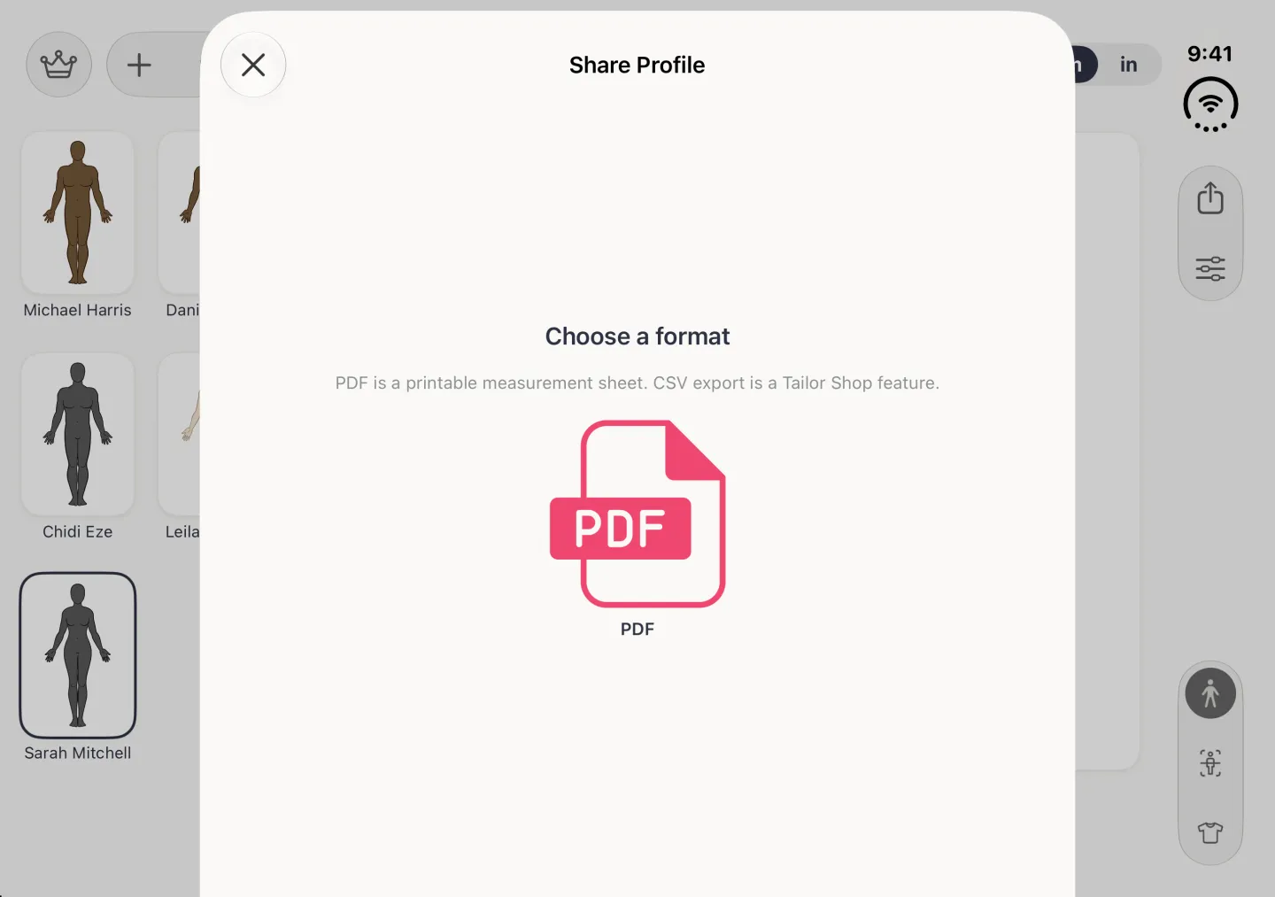 Share Profile sheet centred over the dimmed split view in landscape, with a close button at its top left, the heading Choose a format, a note that PDF is a printable measurement sheet and CSV export is a Tailor Shop feature, and a pink PDF file tile.