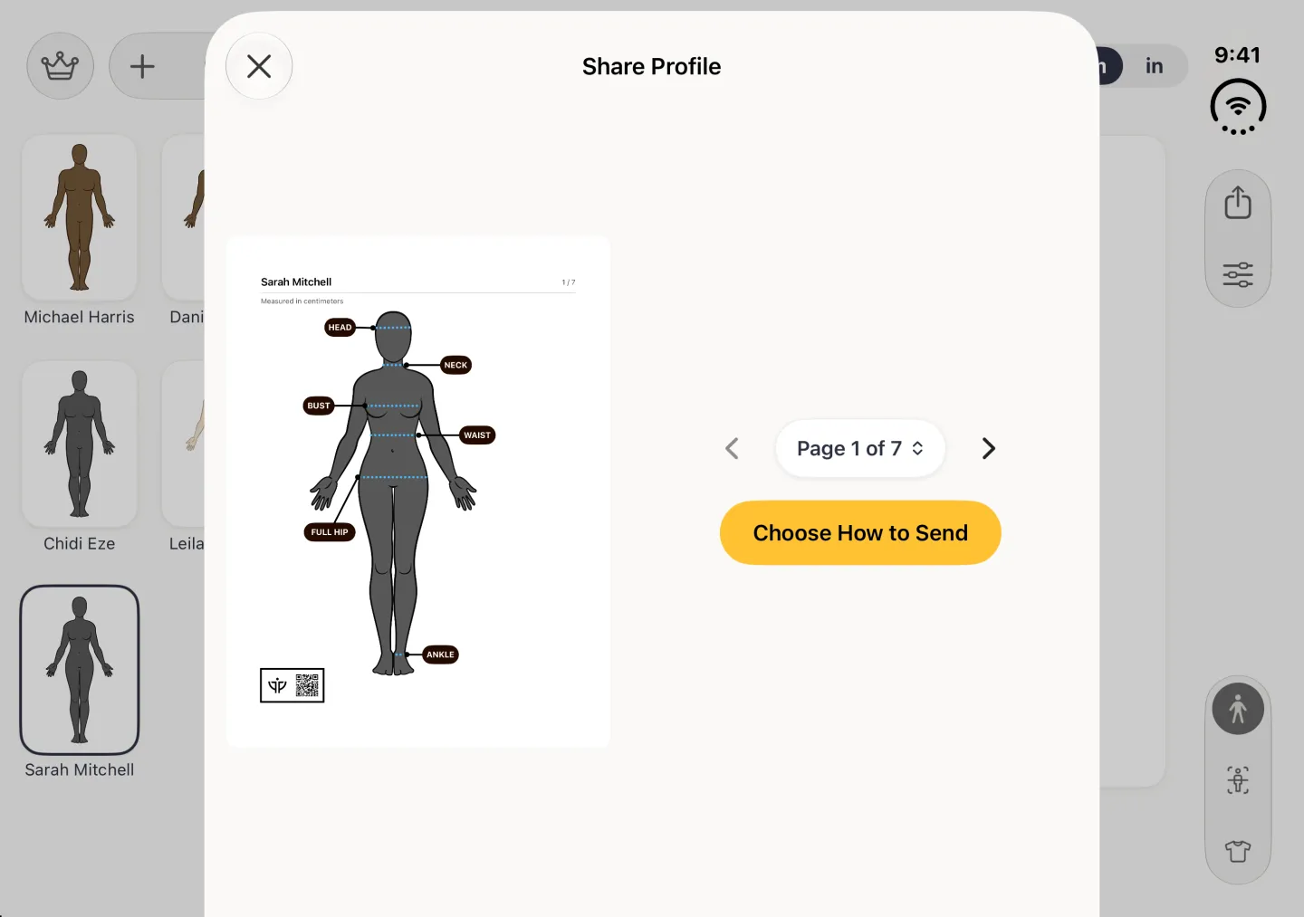 Share Profile sheet in landscape with a close button at its top left: on the left a PDF page headed Sarah Mitchell, Measured in centimeters and 1 / 7, with a labelled avatar and a QR code, and on the right a Page 1 of 7 control with arrows above a gold Choose How to Send button.