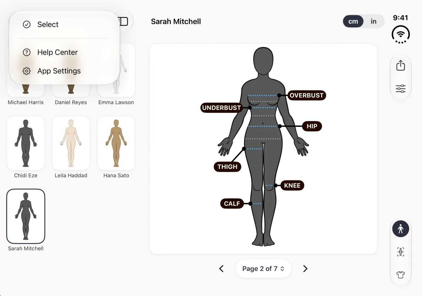 Profile list on the left of the split view with the more menu open over the top of the grid, showing Select, Help Center and App Settings, while Sarah Mitchell's profile stays open on the right.