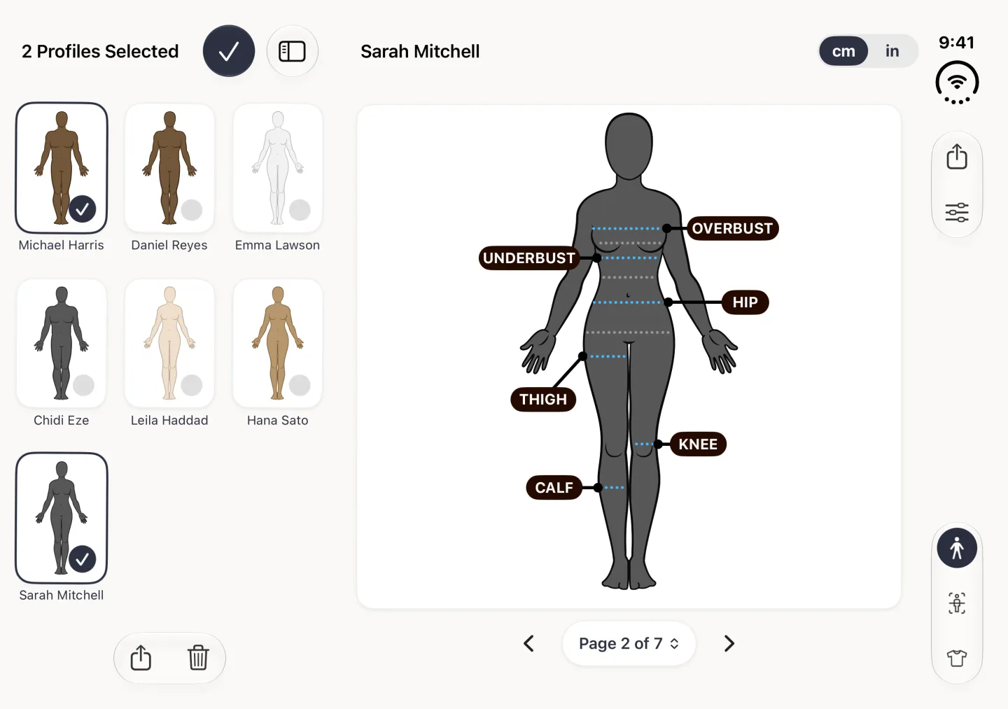 Profile list on the left of the split view in selection mode, titled 2 Profiles Selected with a navy checkmark Done button beside the title: Michael Harris and Sarah Mitchell are outlined in navy with navy ticks, the other five cards show empty grey circles, and a capsule at the bottom of the list holds a share button and a delete button; Sarah Mitchell's profile stays open on the right.