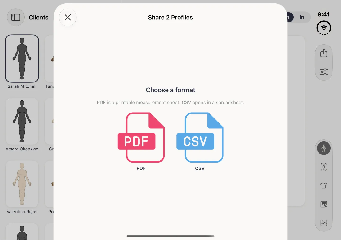 A Share 2 Profiles sheet over the dimmed split view in landscape, with a close button at its top left, the heading Choose a format, the note PDF is a printable measurement sheet. CSV opens in a spreadsheet., and a pink PDF file tile beside a blue CSV file tile.