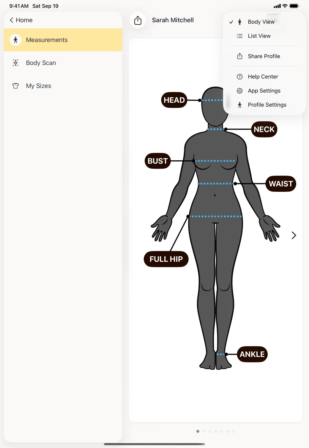 Menu open under the three dot button in the profile pane, beside a sidebar listing Measurements, Body Scan and My Sizes, with Body View ticked above List View, Share Profile, Help Center, App Settings and Profile Settings.