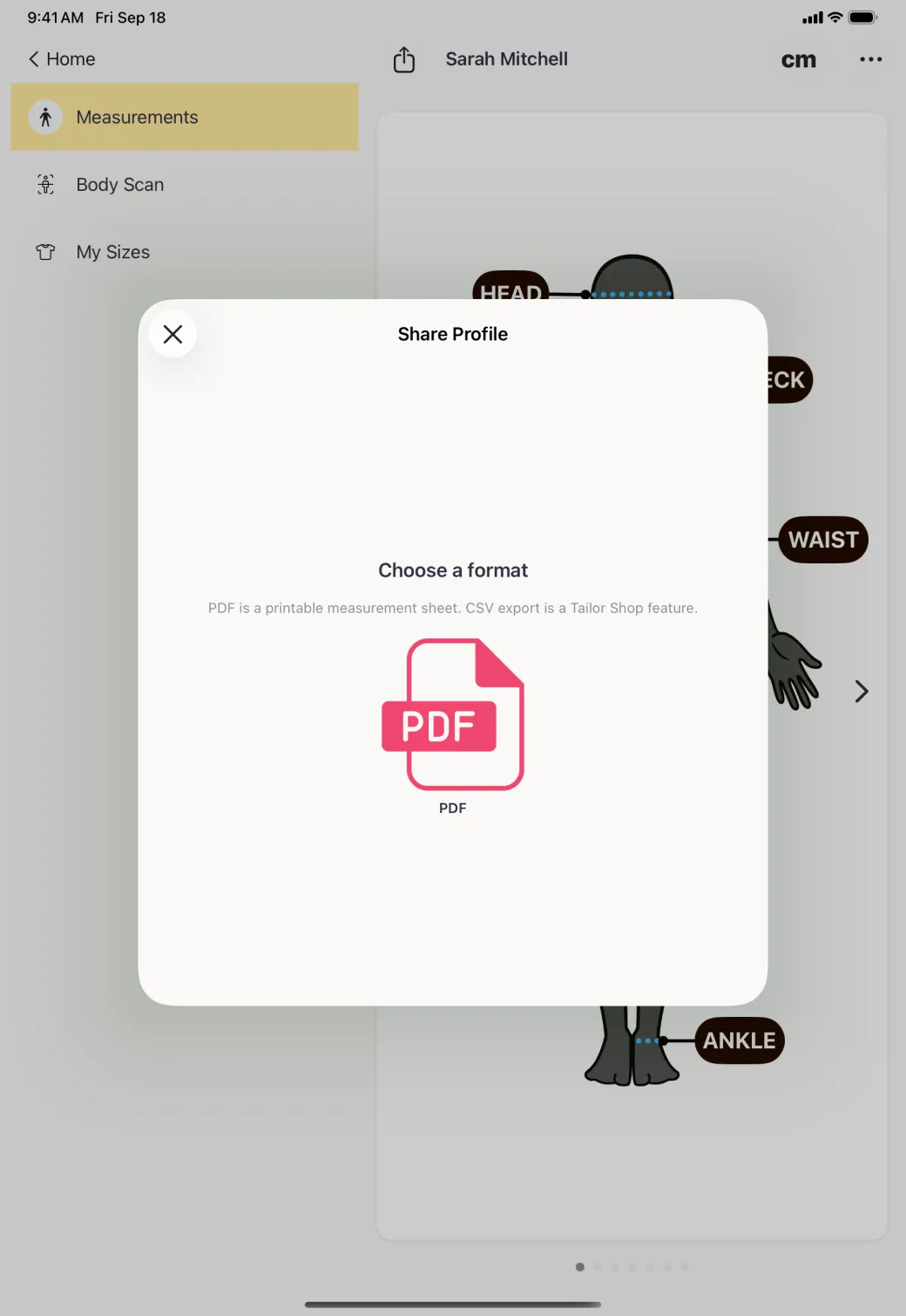 Share Profile card centred over the dimmed profile, headed Choose a format with a note reading PDF is a printable measurement sheet, CSV export is a Tailor Shop feature, above a single pink PDF tile.